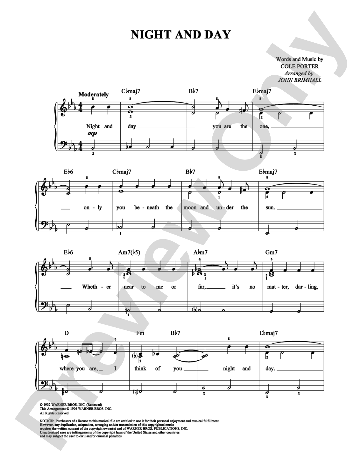 Night and Day: Easy Piano Digital Sheet Music