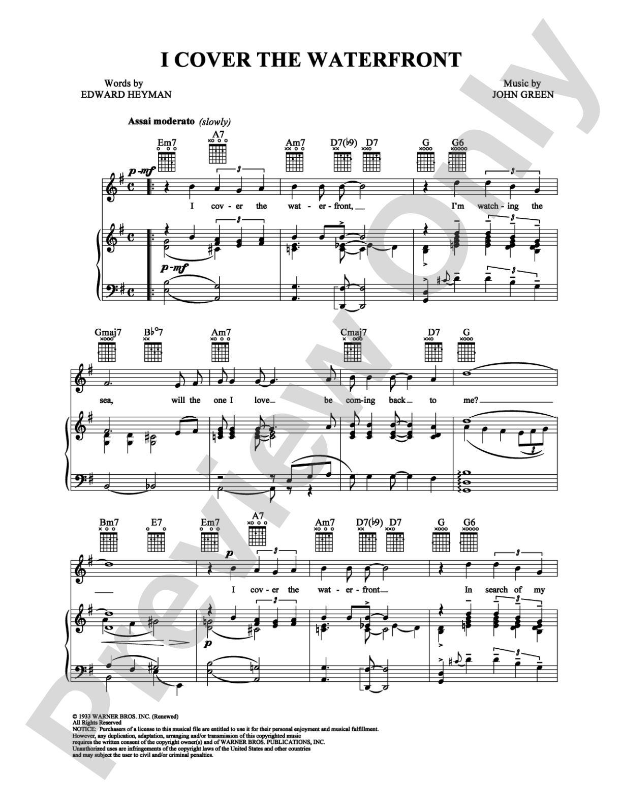 I Cover the Waterfront: Piano/Vocal/Chords Digital Sheet Music