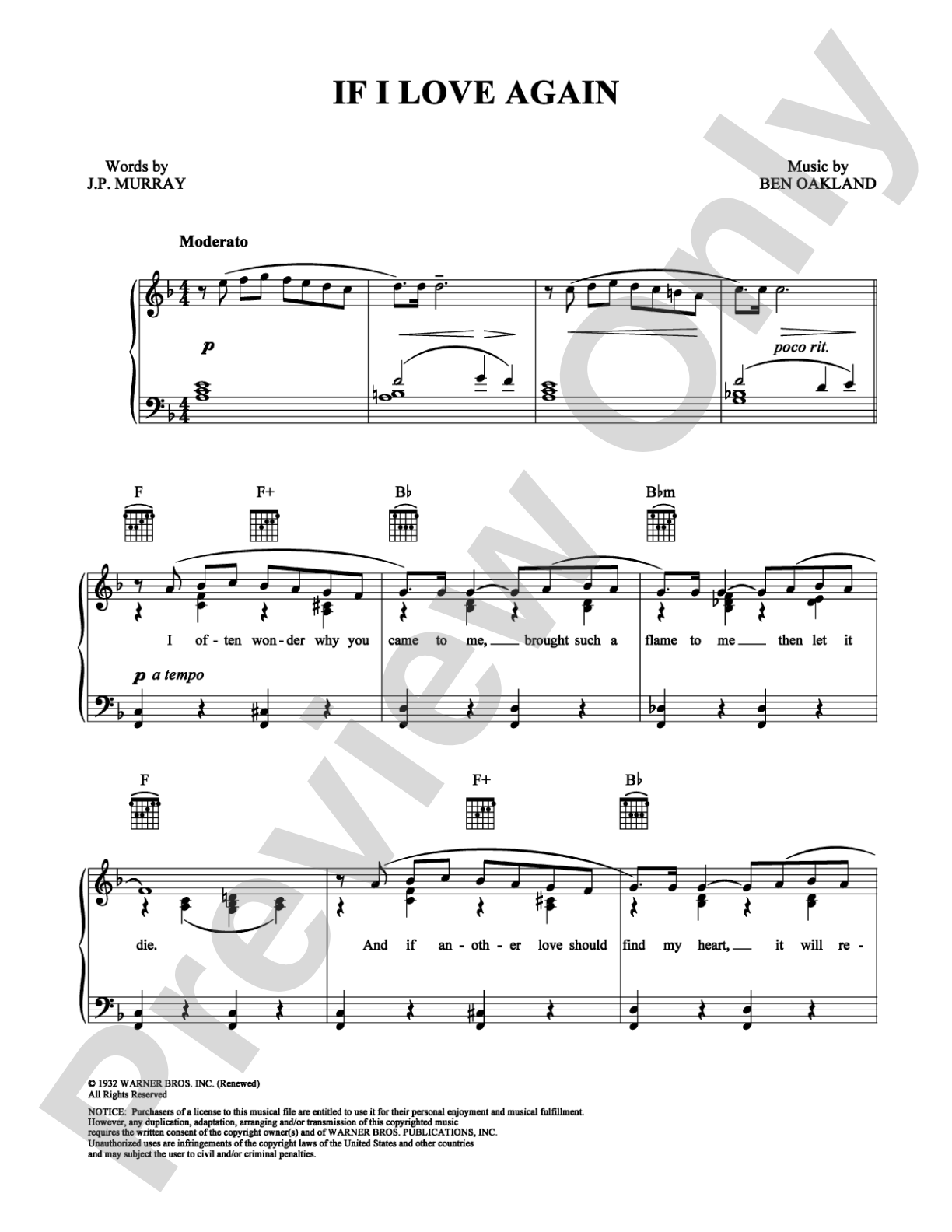 If I Love Again: Piano/Vocal/Chords Digital Sheet Music