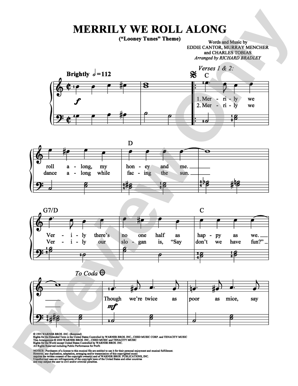Merrily We Roll Along (Looney Tunes Theme): Easy Piano Digital Sheet Music
