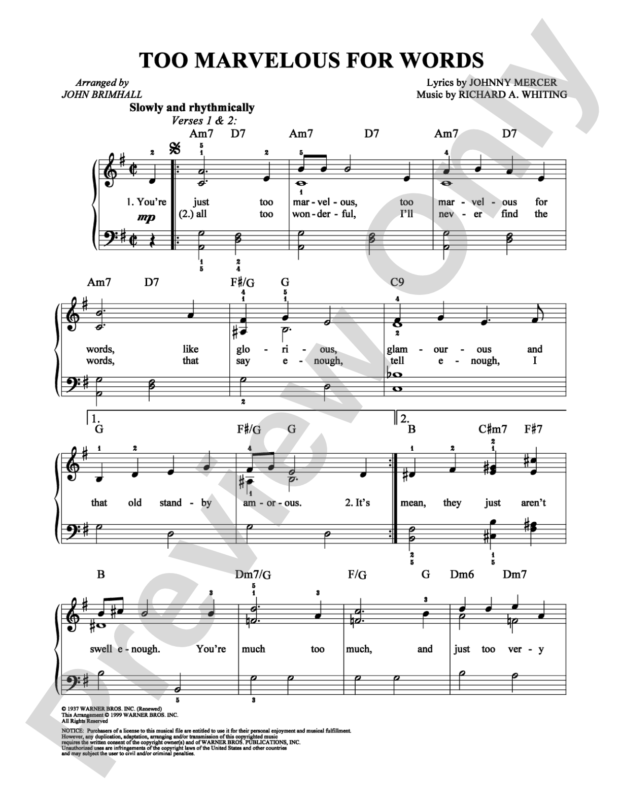 Too Marvelous for Words: Easy Piano Digital Sheet Music
