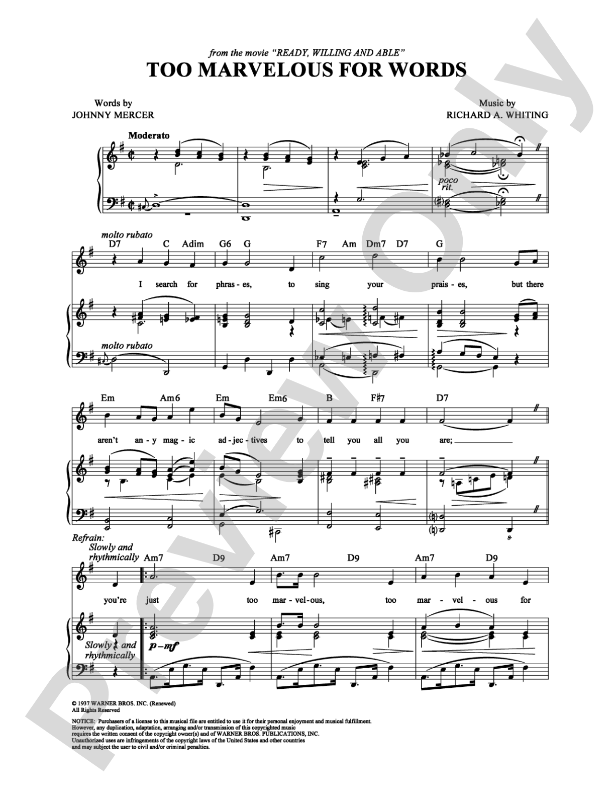 Too Marvelous for Words: Piano/Vocal/Chords Digital Sheet Music