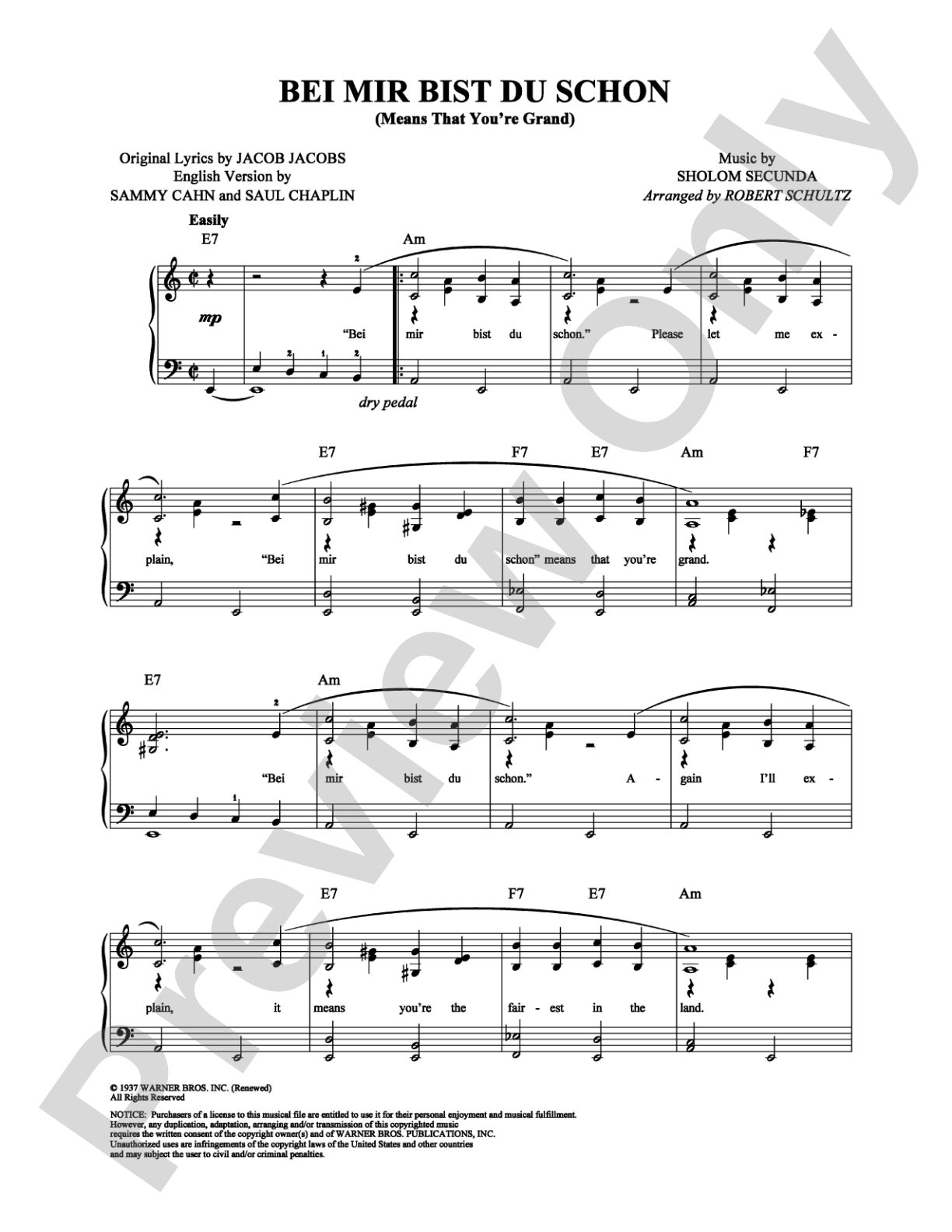 Bei Mir Bist Du Schon: Piano/Vocal/Chords Digital Sheet Music