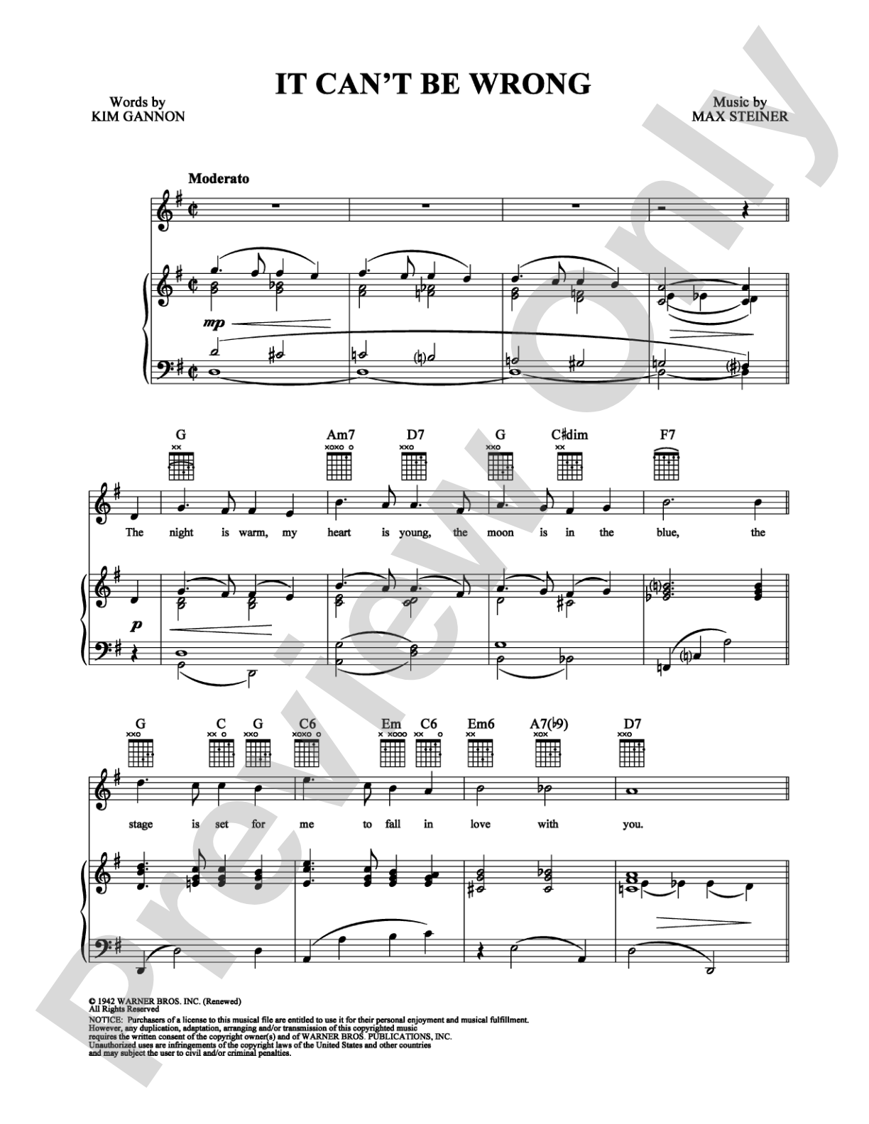 It Can't Be Wrong: Piano/Vocal/Chords Digital Sheet Music