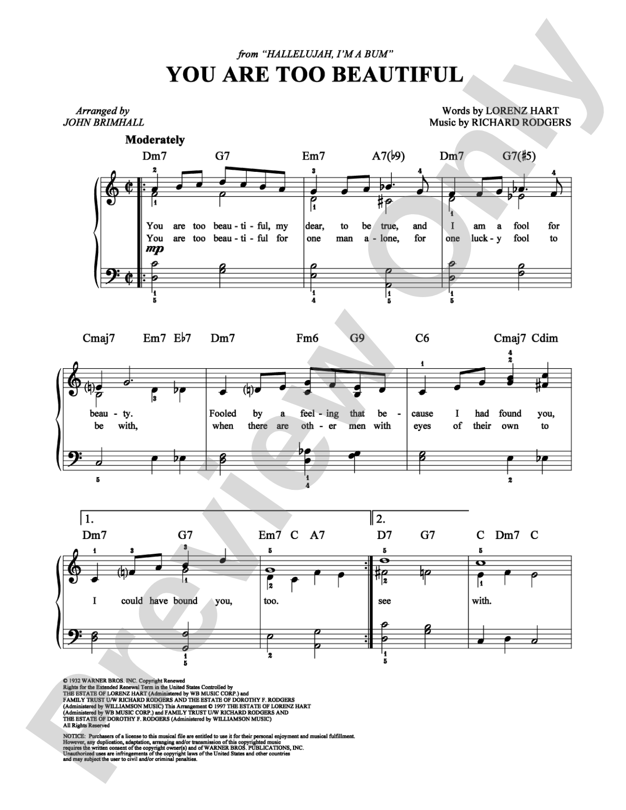 You Are Too Beautiful: Easy Piano Digital Sheet Music