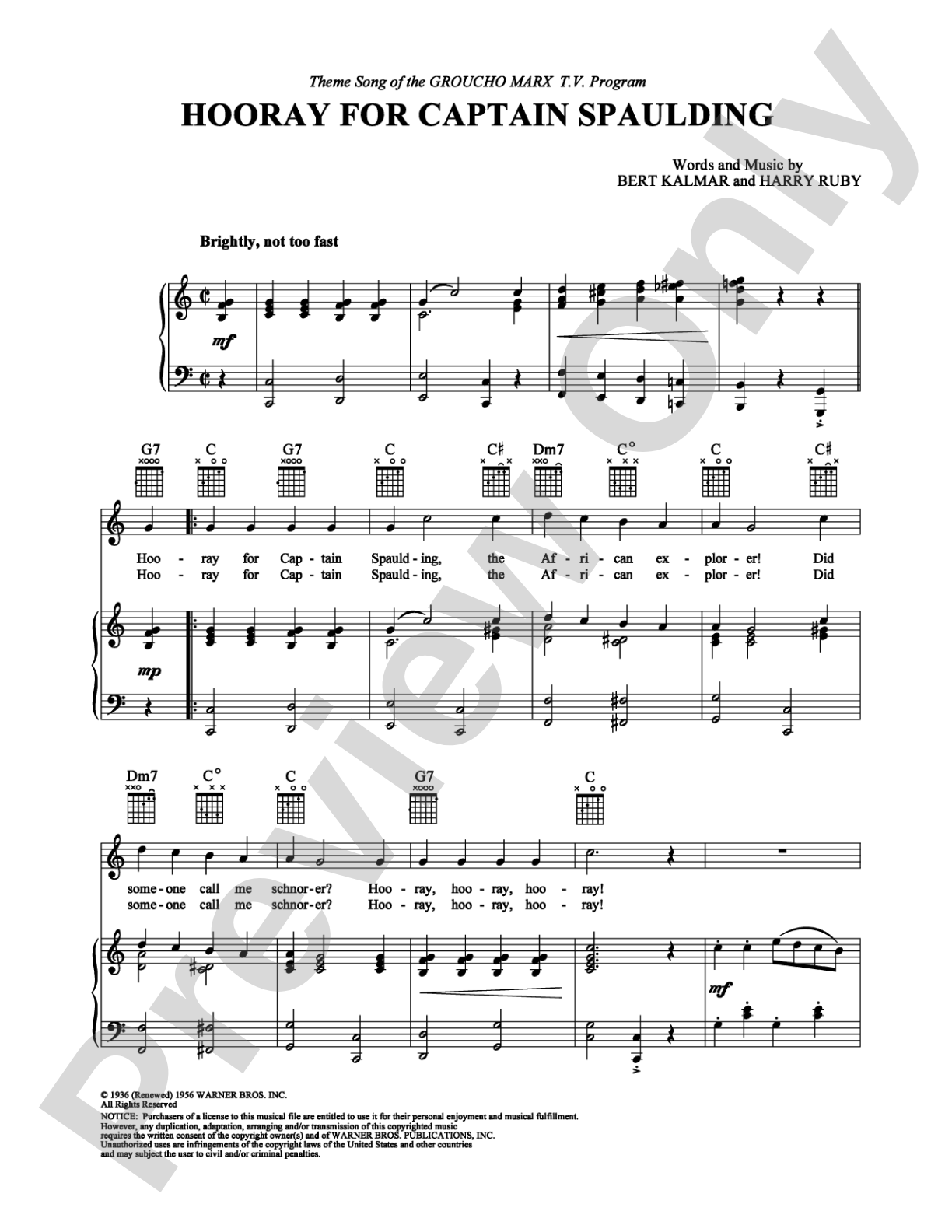 Hooray for Captain Spaulding: Piano/Vocal/Chords Digital Sheet Music