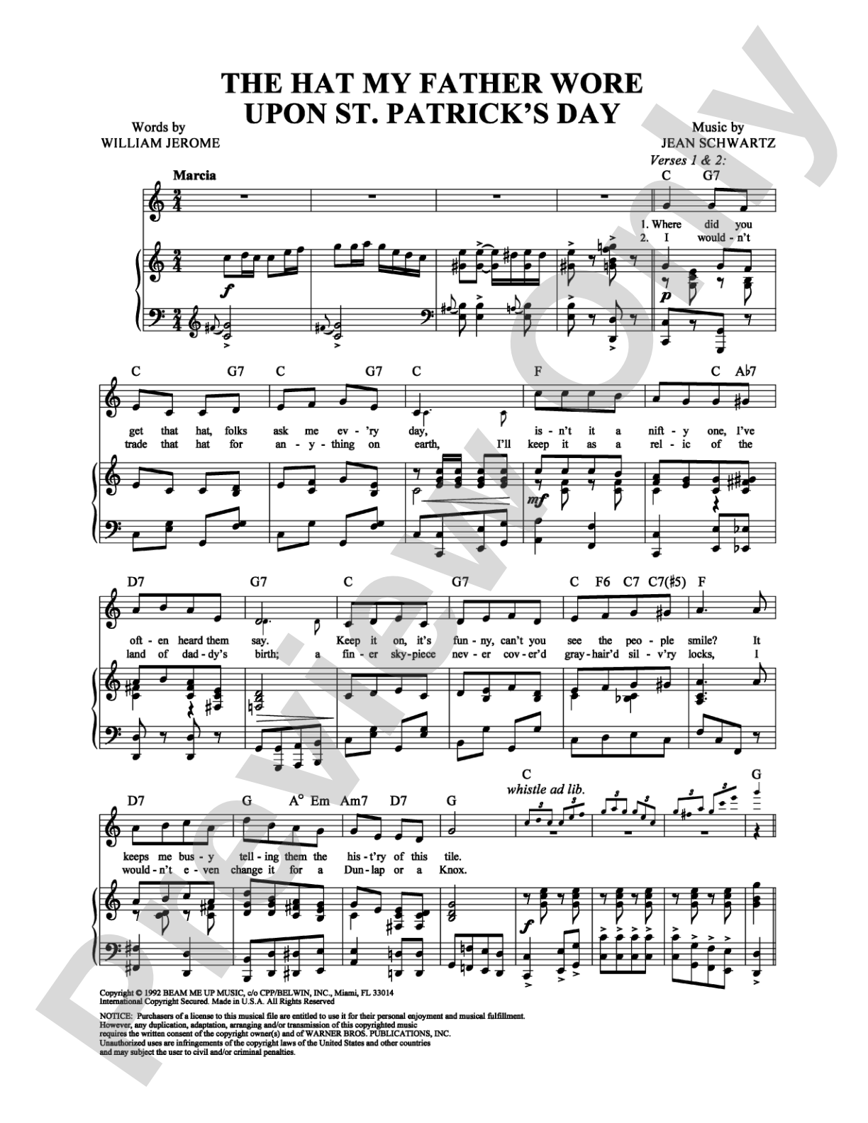 The Hat My Father Wore Upon St. Patrick's Day: Piano/Vocal/Chords Digital Sheet Music