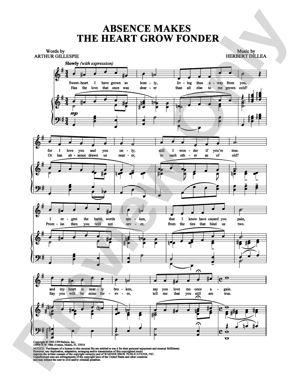 Absence Makes The Heart Grow Fonder: Piano/Vocal/Chords Digital Sheet Music