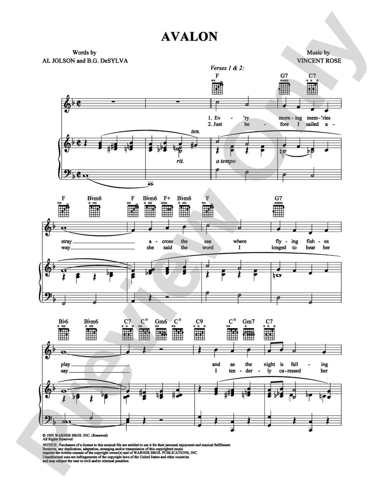 Avalon: Piano/Vocal/Chords Digital Sheet Music