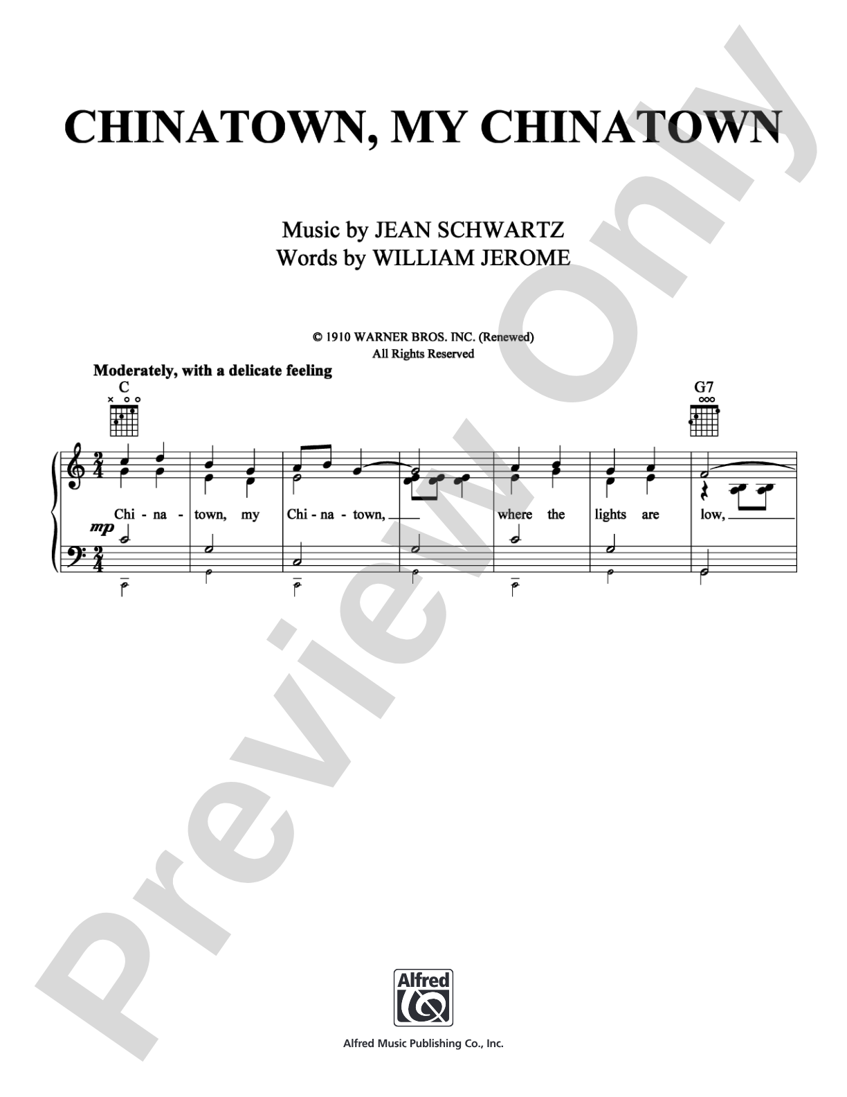 Chinatown, My Chinatown: Piano/Vocal/Chords Digital Sheet Music
