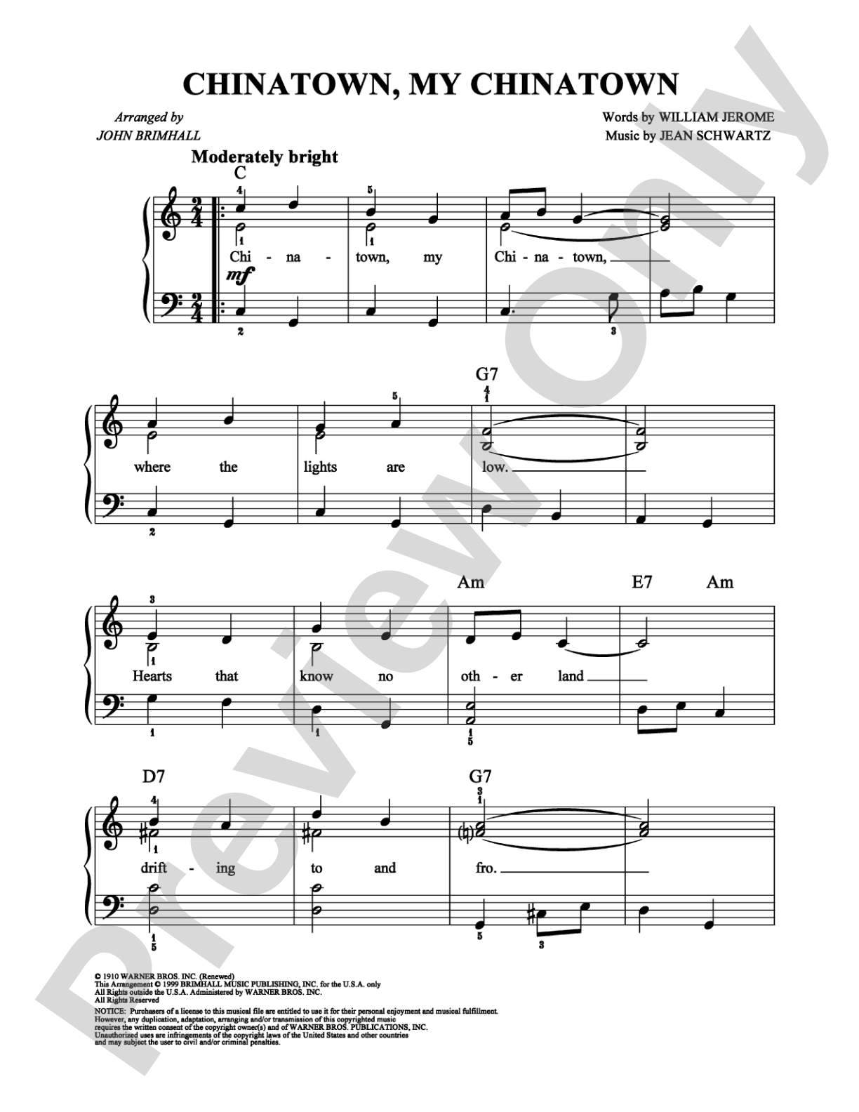 Chinatown, My Chinatown: Easy Piano Digital Sheet Music