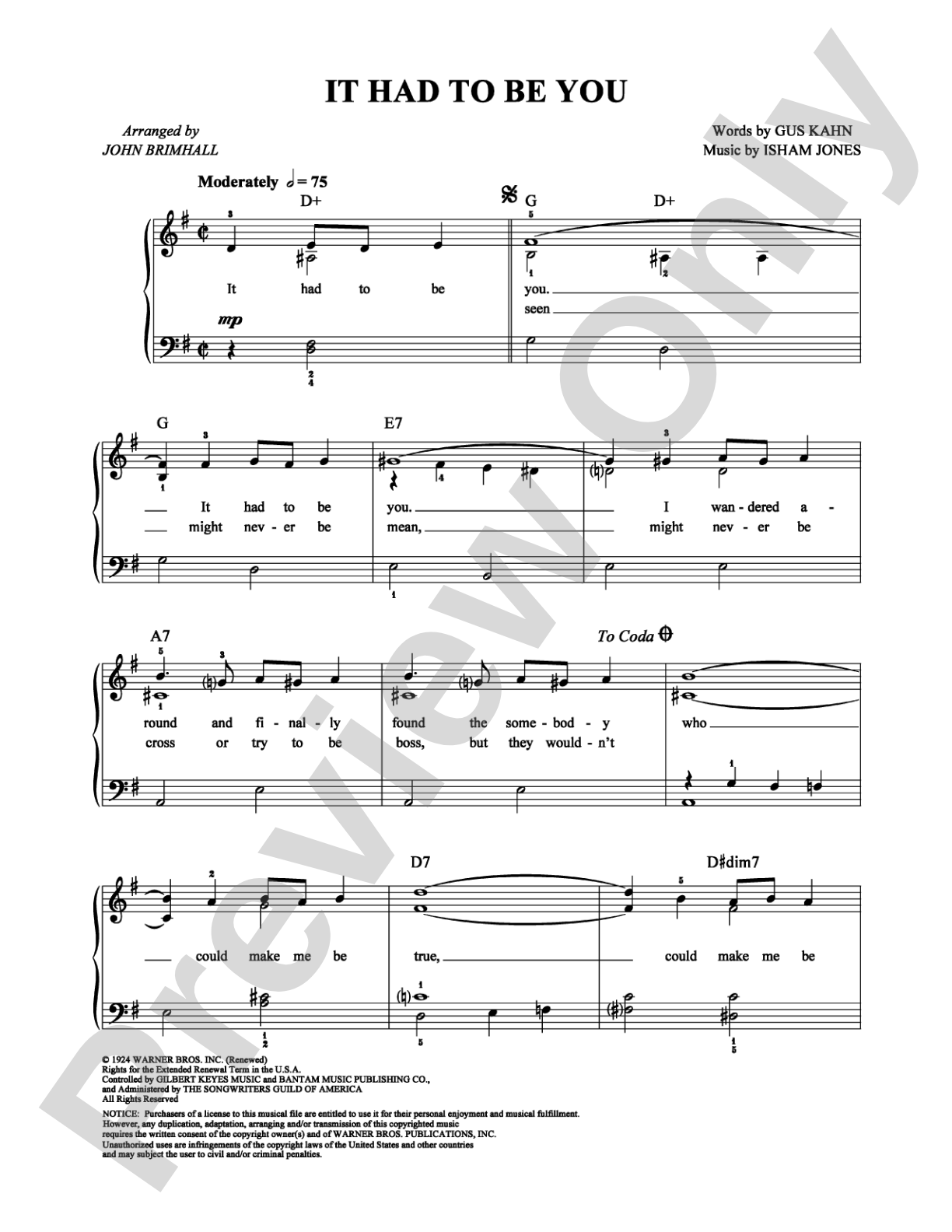 It Had to Be You: Easy Piano Digital Sheet Music