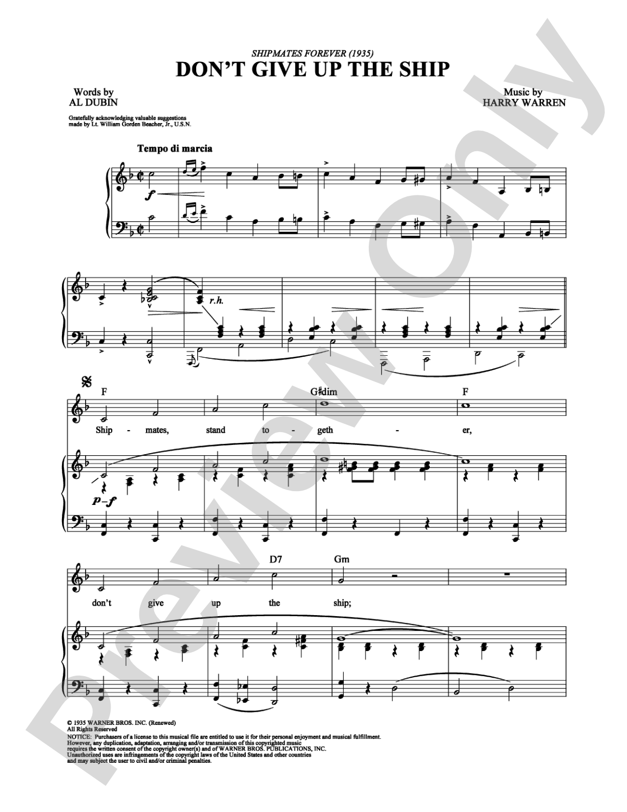 Don't Give Up the Ship: Piano/Vocal/Chords Digital Sheet Music
