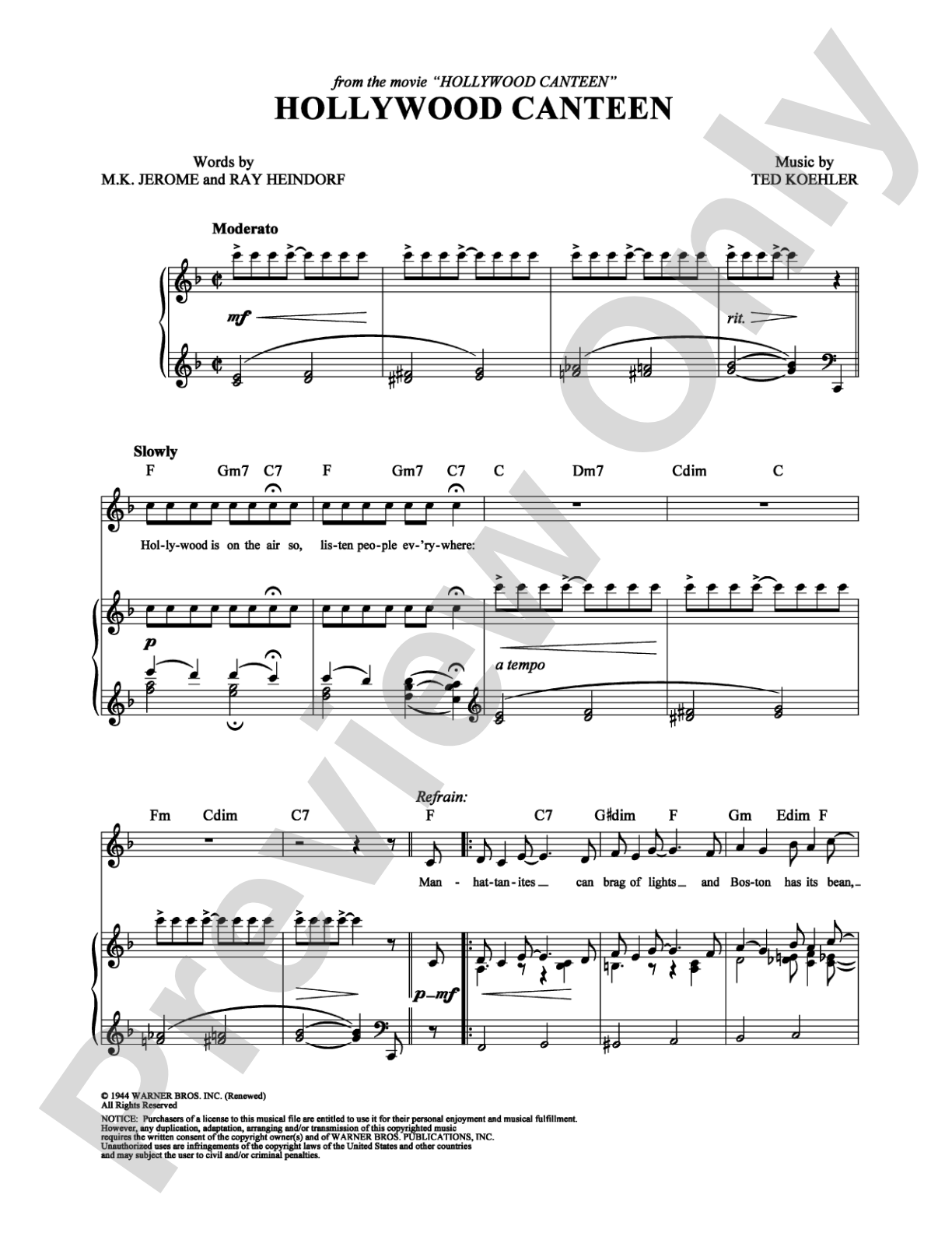Hollywood Canteen: Piano/Vocal/Chords Digital Sheet Music