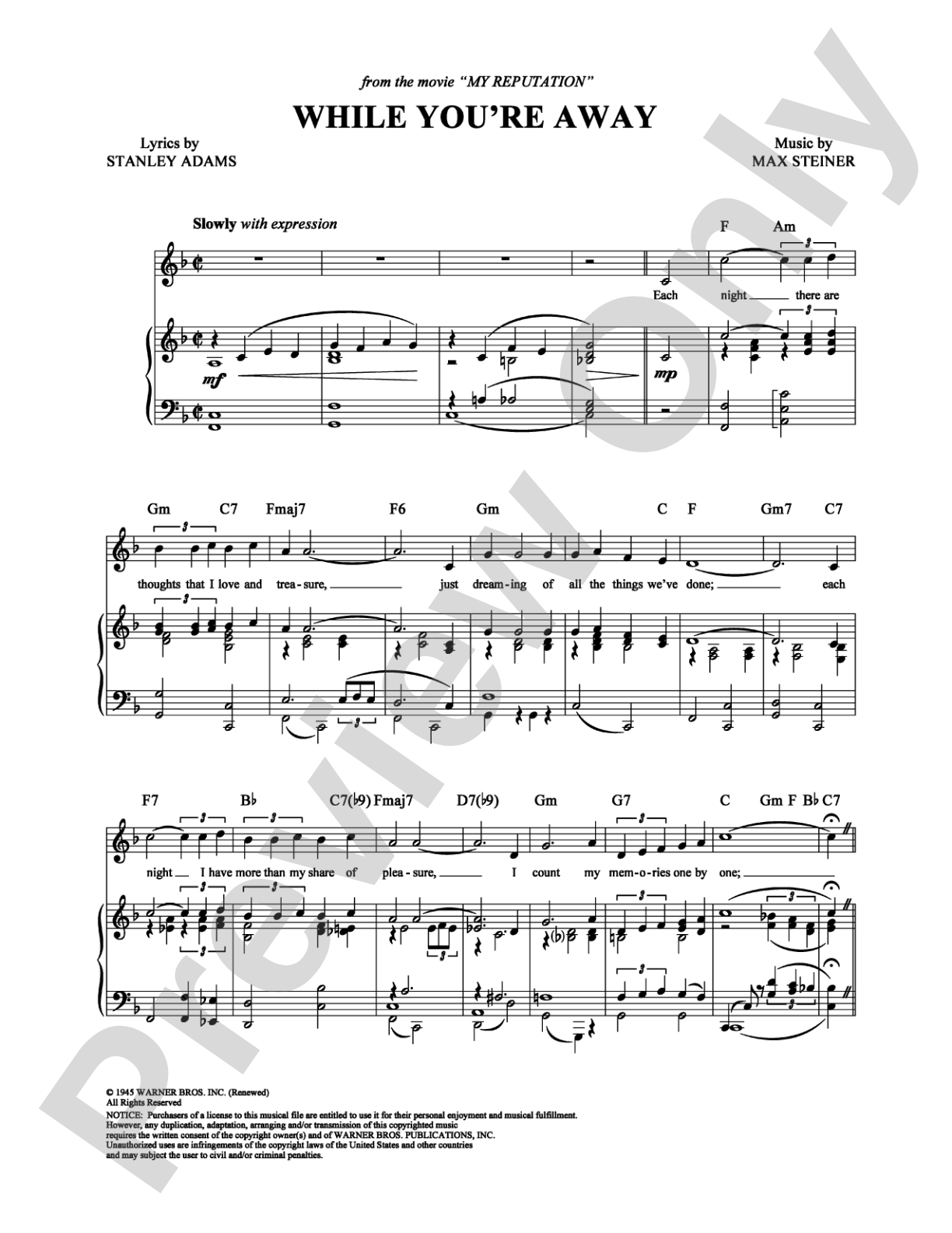 While You're Away: Piano/Vocal/Chords Digital Sheet Music