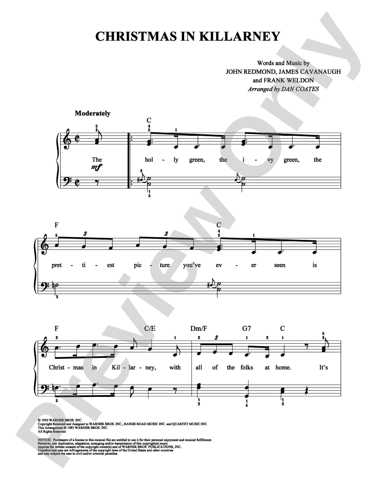Christmas in Killarney: Easy Piano Digital Sheet Music