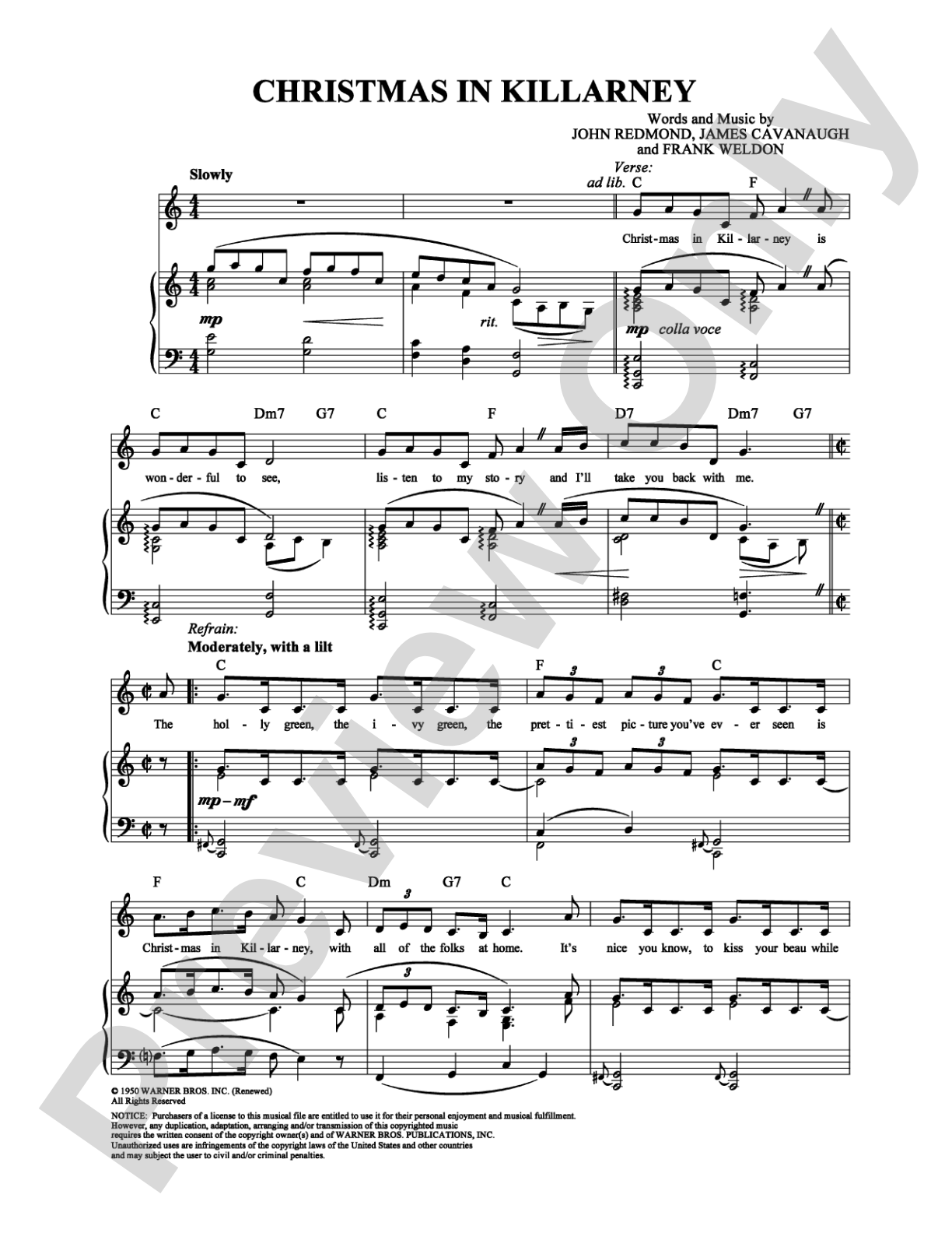Christmas in Killarney: Piano/Vocal/Chords Digital Sheet Music
