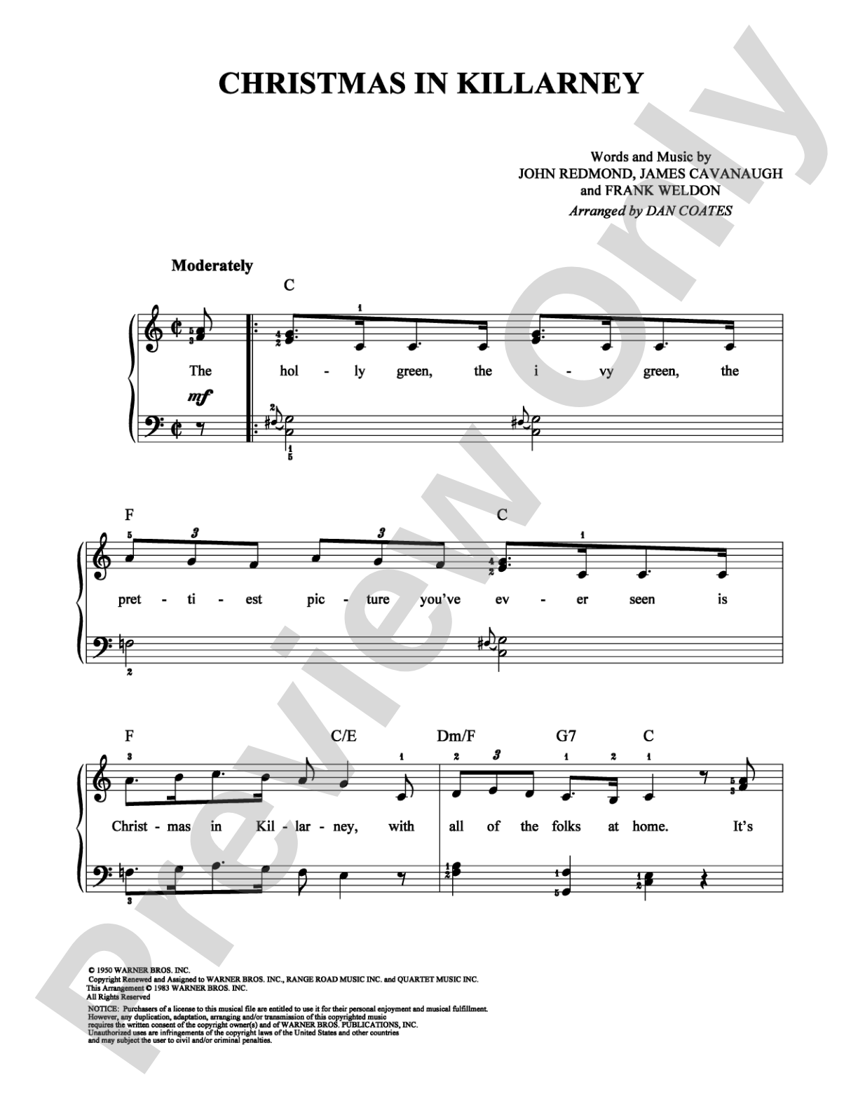 Christmas in Killarney: Easy Piano Digital Sheet Music