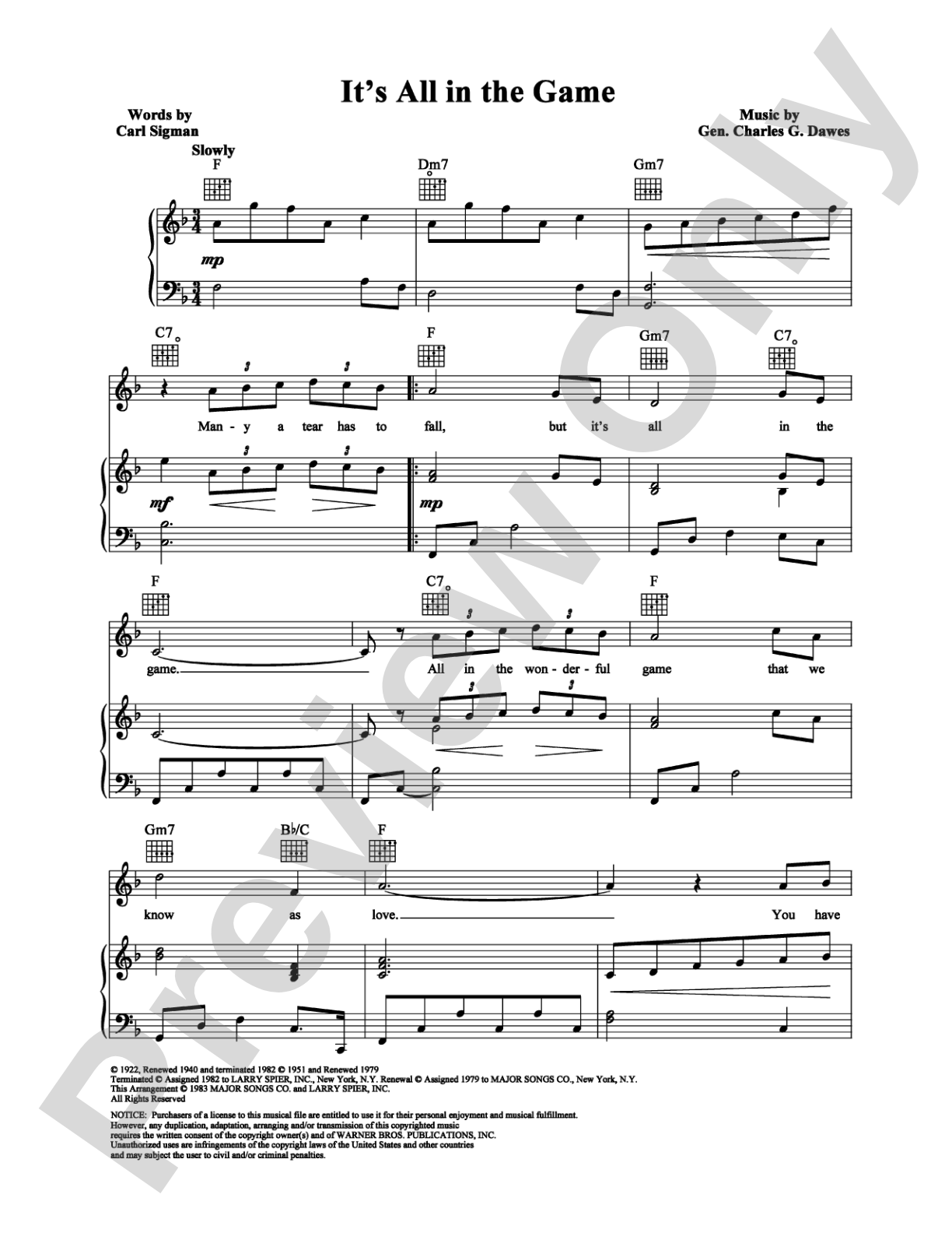 It's All In the Game: Piano/Vocal/Chords Digital Sheet Music