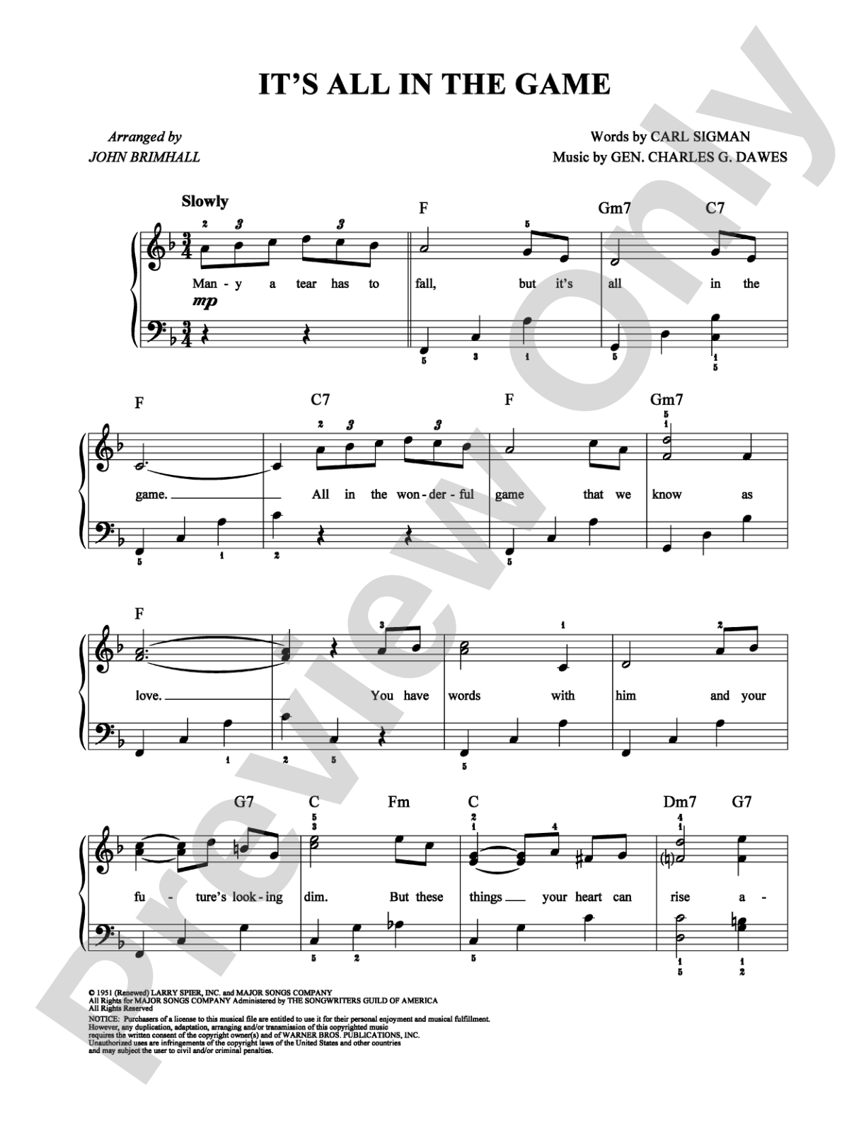 It's All in the Game: Easy Piano Digital Sheet Music