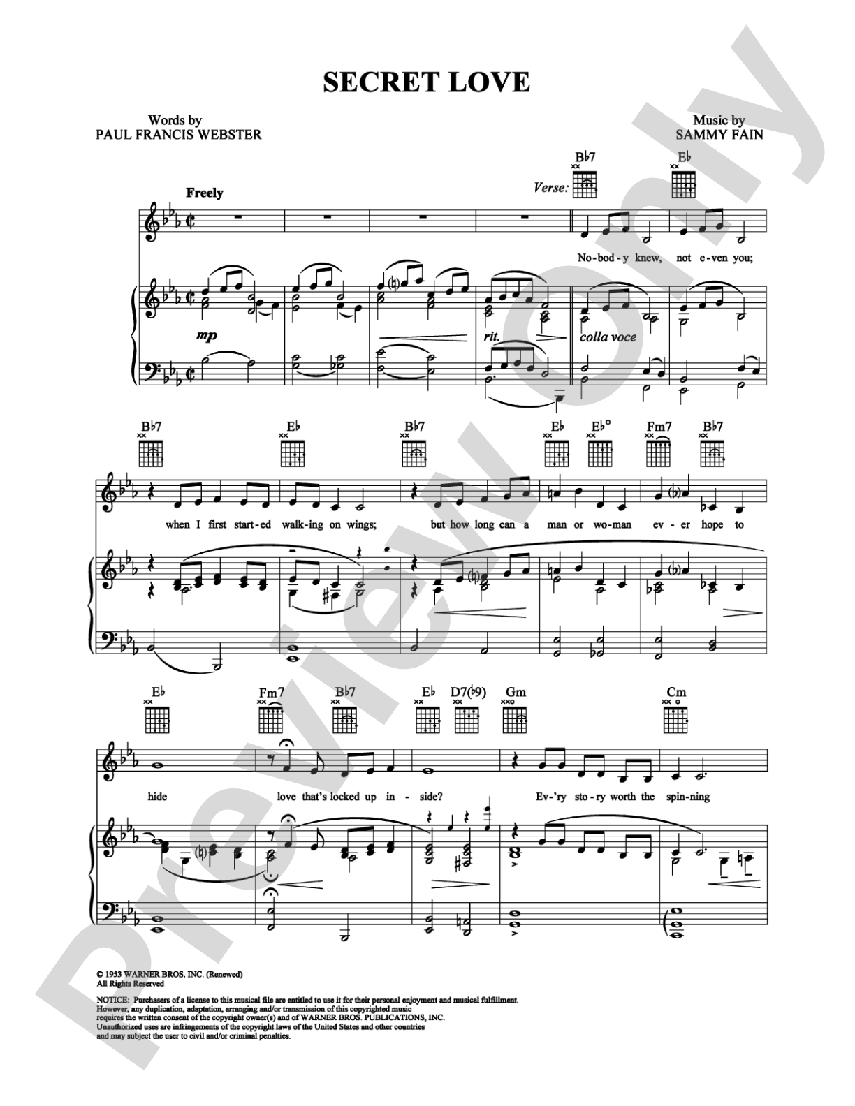 Secret Love: Piano/Vocal/Chords Digital Sheet Music