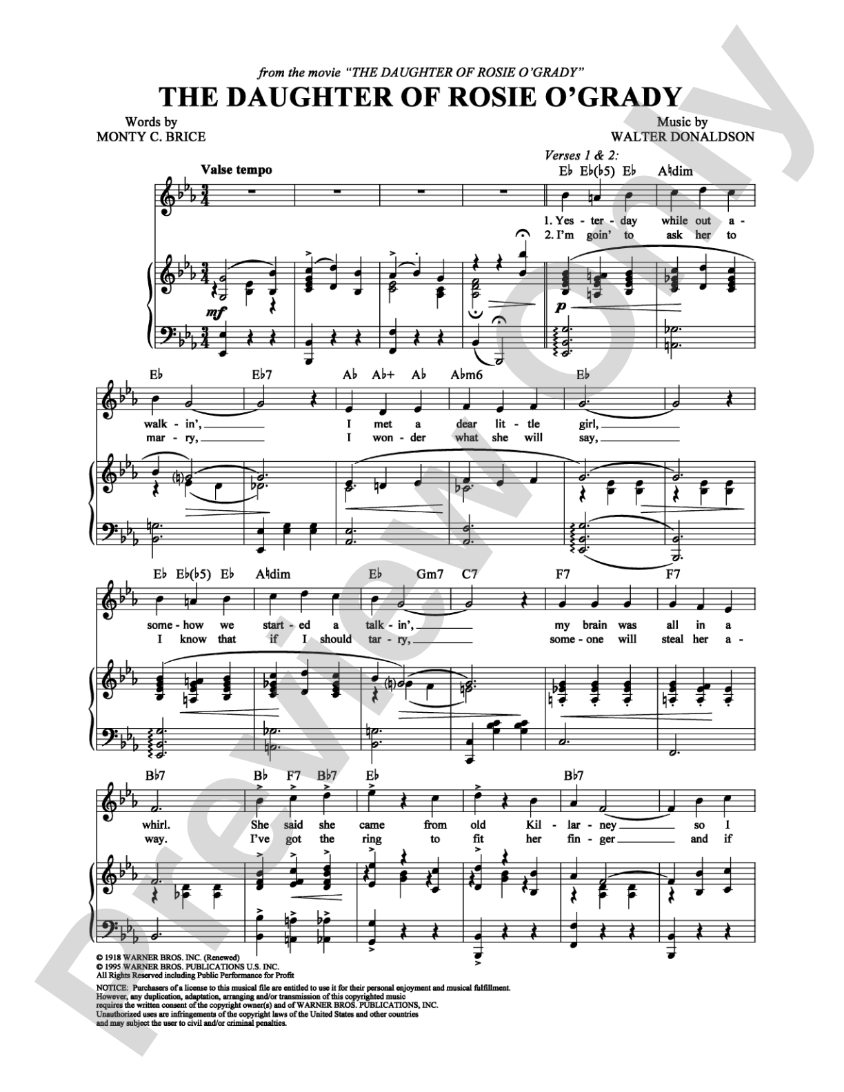 The Daughter of Rosie O'Grady: Piano/Vocal/Chords Digital Sheet Music