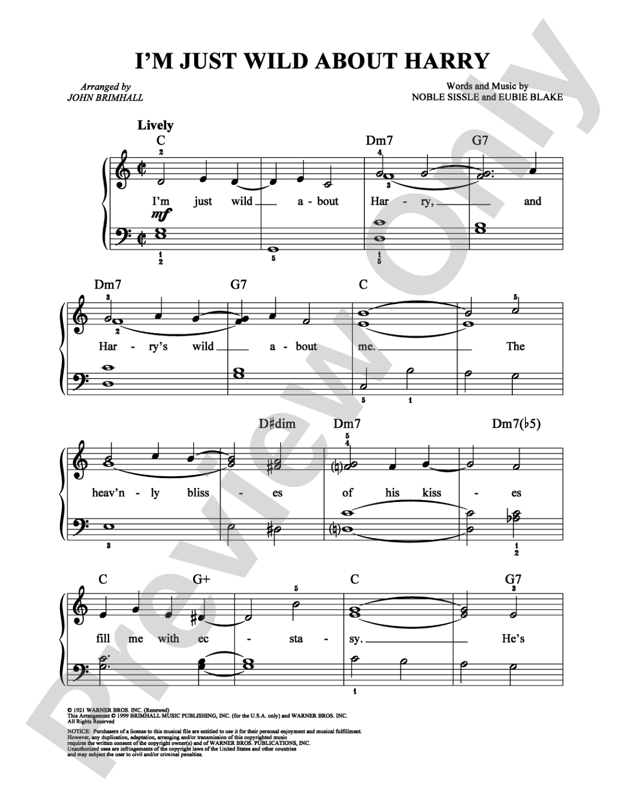 I'm Just Wild About Harry: Easy Piano Digital Sheet Music