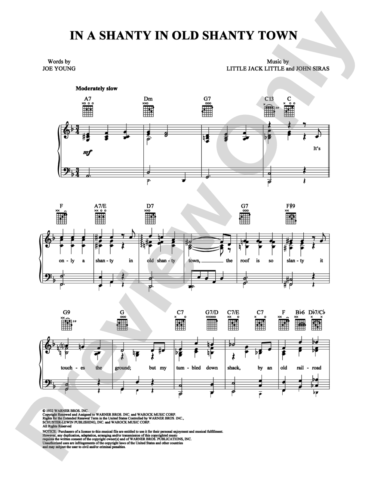In a Shanty in Old Shanty Town: Piano/Vocal/Chords Digital Sheet Music