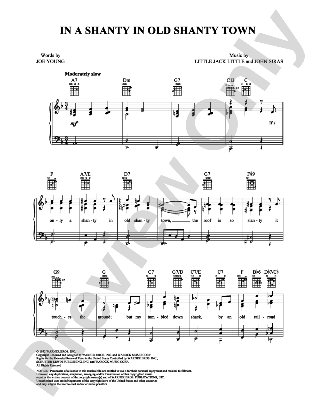 In a Shanty in Old Shanty Town: Piano/Vocal/Chords Digital Sheet Music