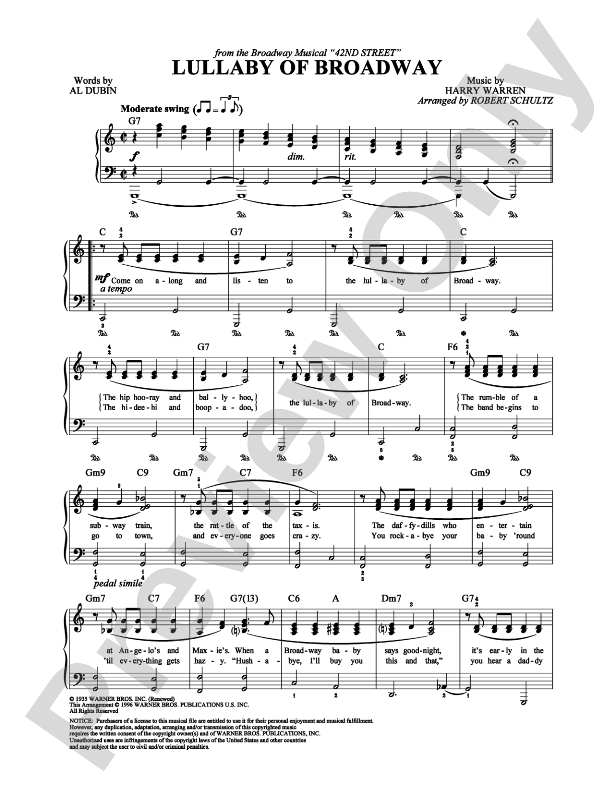 Lullaby Of Broadway: Piano/Vocal/Chords Digital Sheet Music
