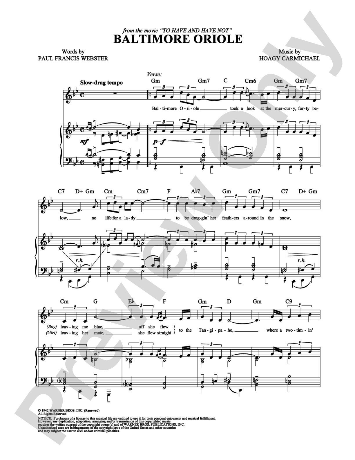 Baltimore Oriole: Piano/Vocal/Chords Digital Sheet Music