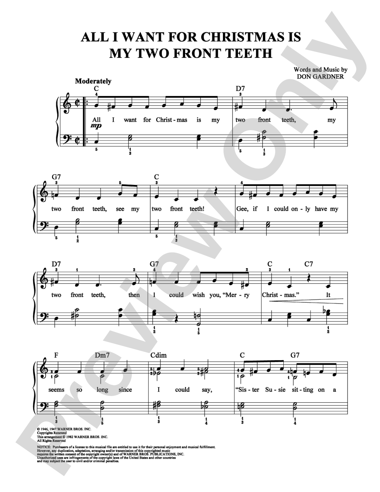 All I Want For Christmas Is My Two Front Teeth: Easy Piano Digital Sheet Music
