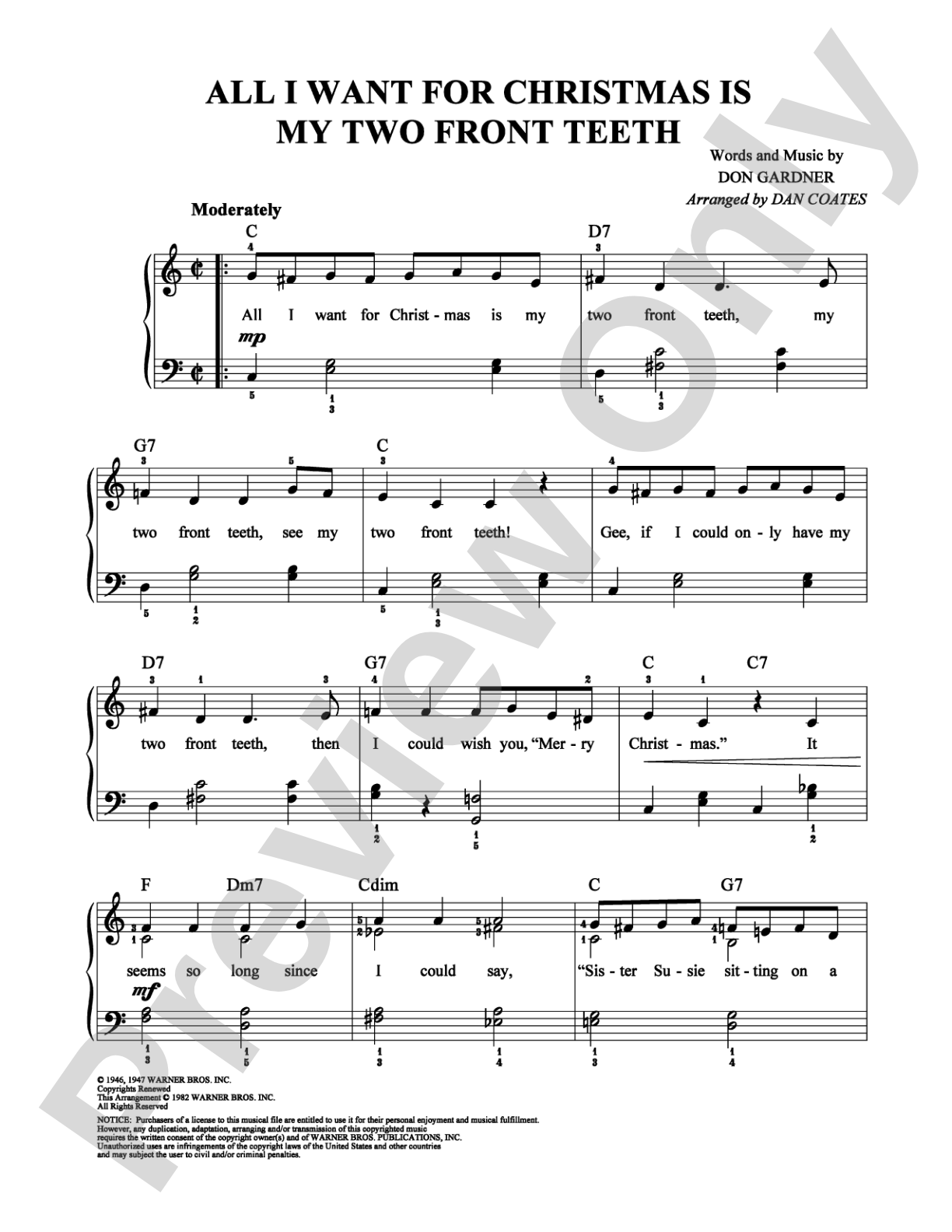All I Want For Christmas Is My Two Front Teeth: Easy Piano Digital Sheet Music