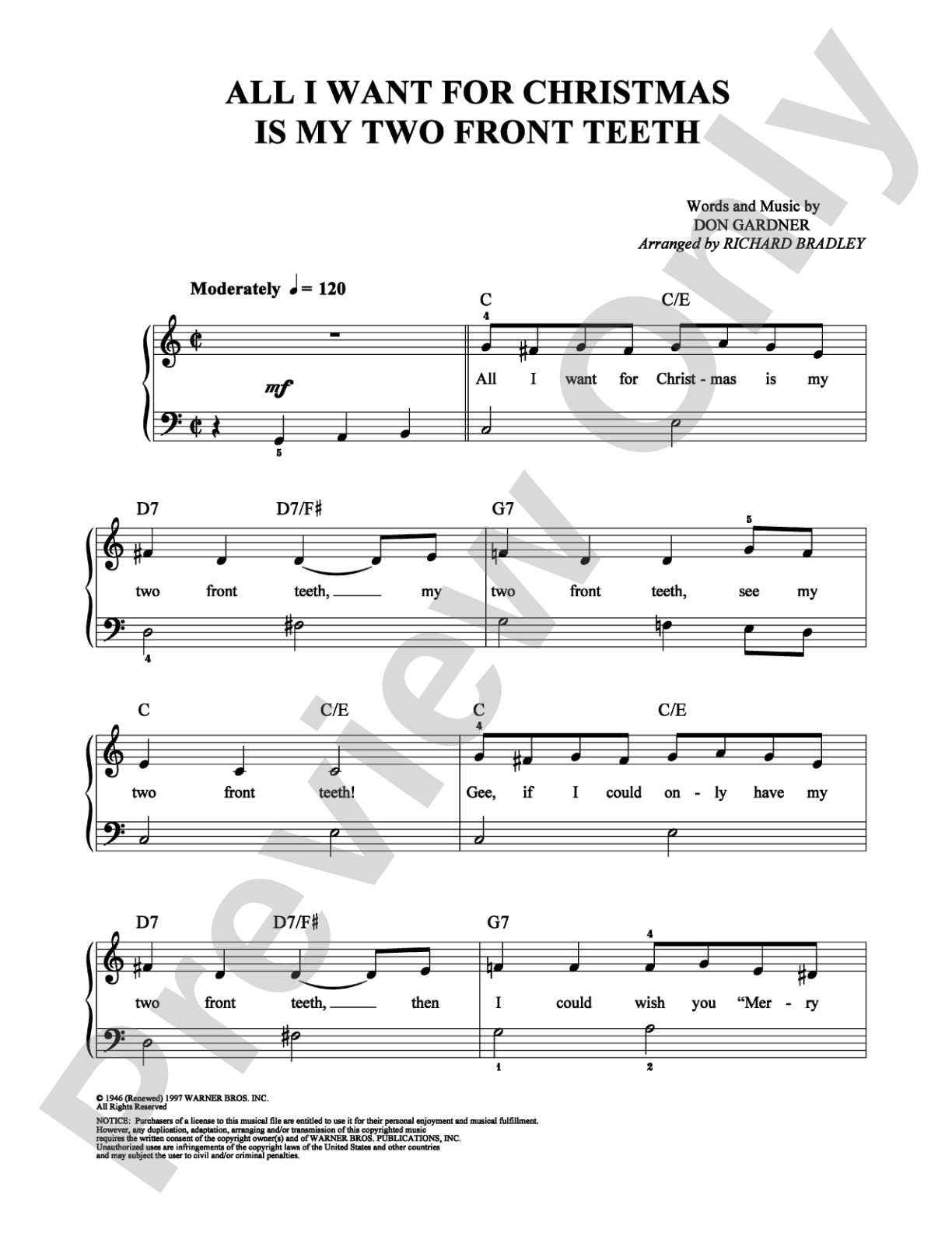 All I Want for Christmas Is My Two Front Teeth: Easy Piano Digital Sheet Music