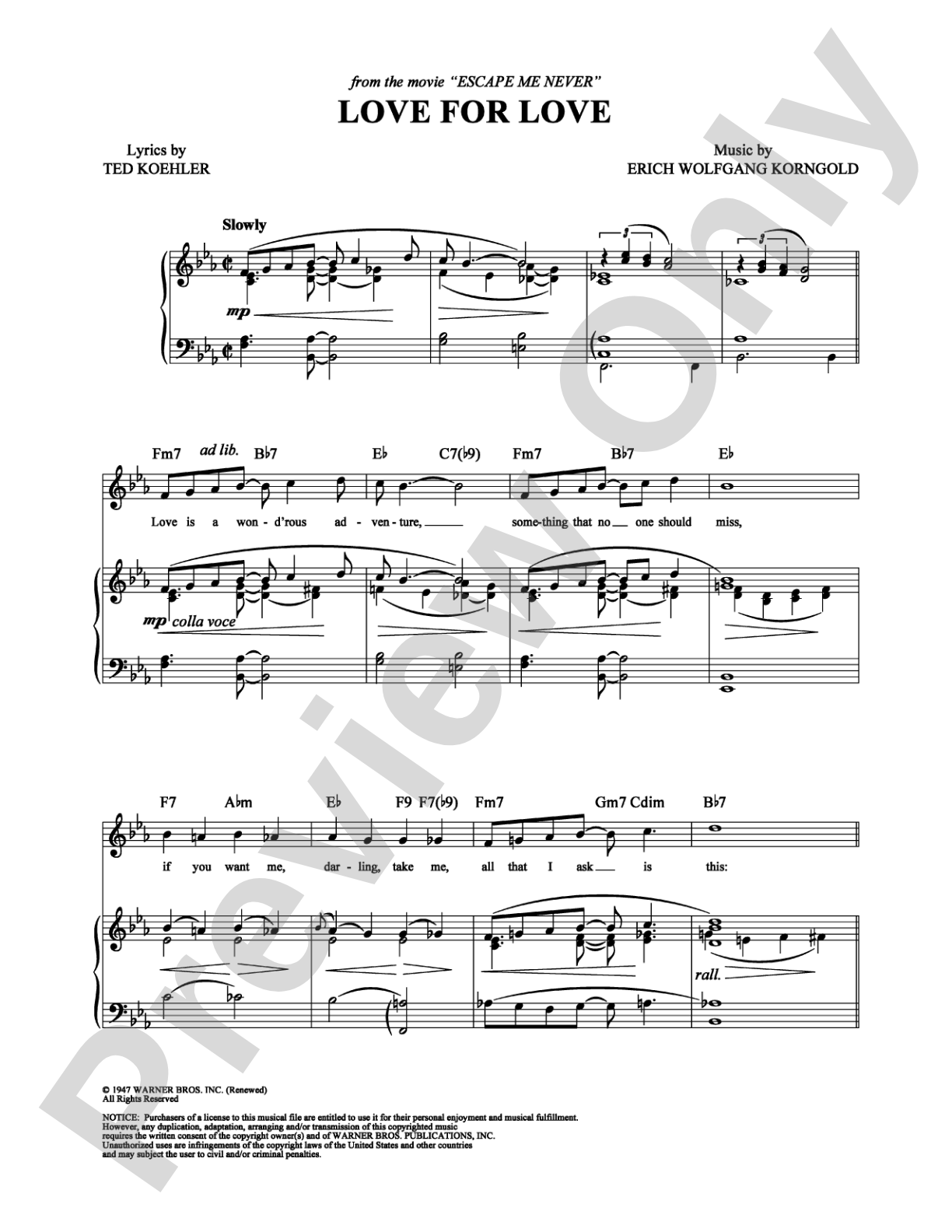 Love For Love: Piano/Vocal/Chords Digital Sheet Music