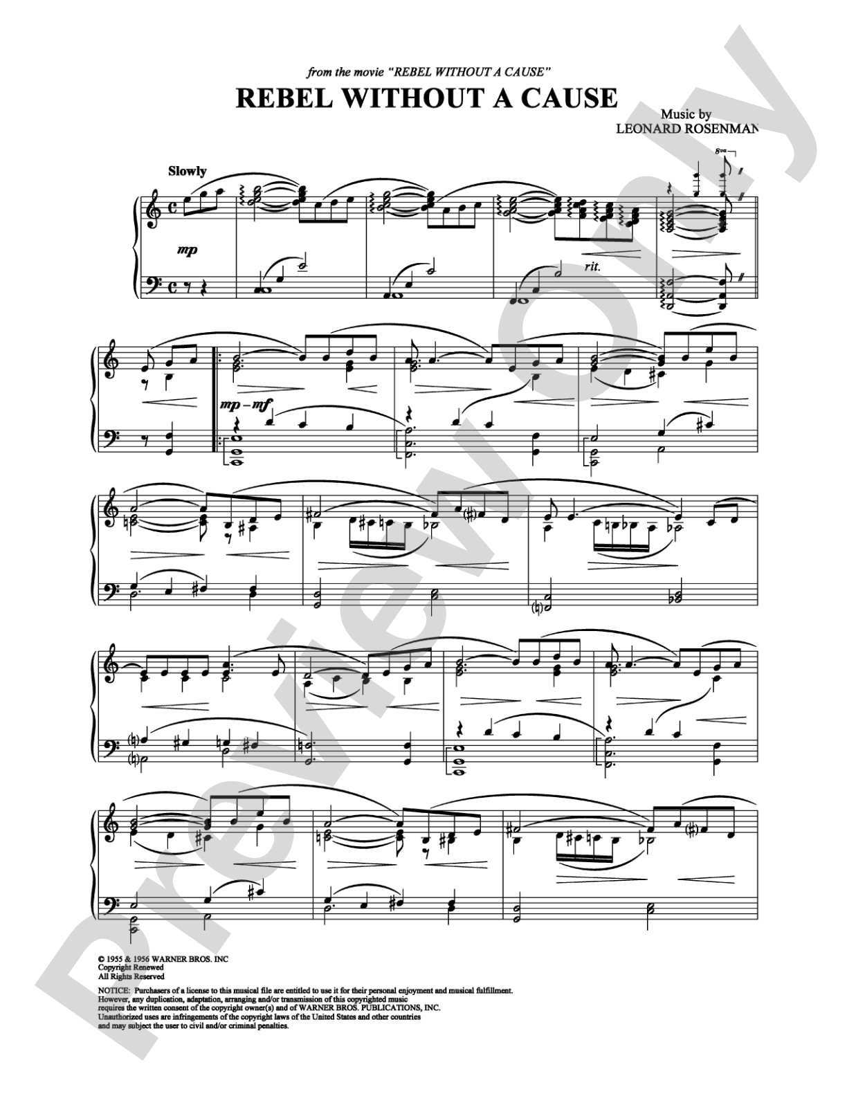Rebel Without a Cause  (Main Theme): Piano Digital Sheet Music