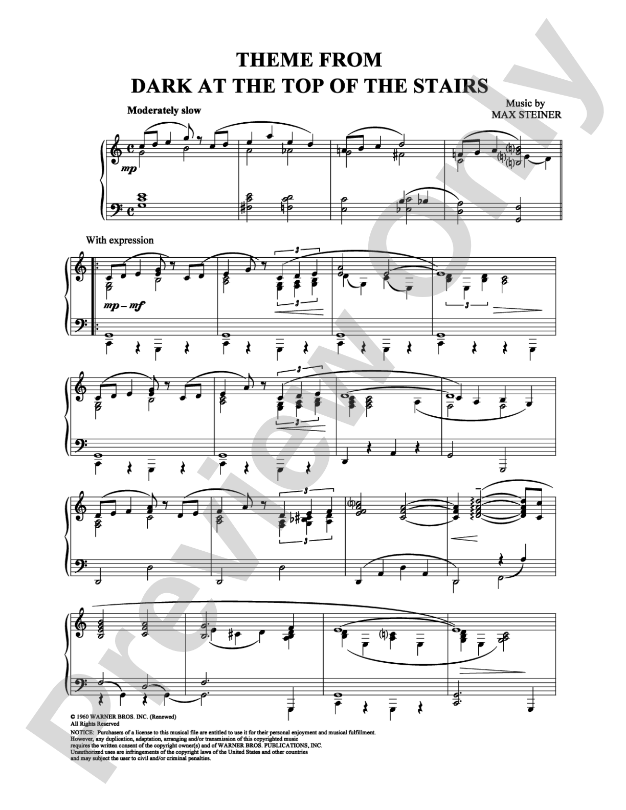 The Dark at the Top of the Stairs  (Main Theme): Piano Digital Sheet Music