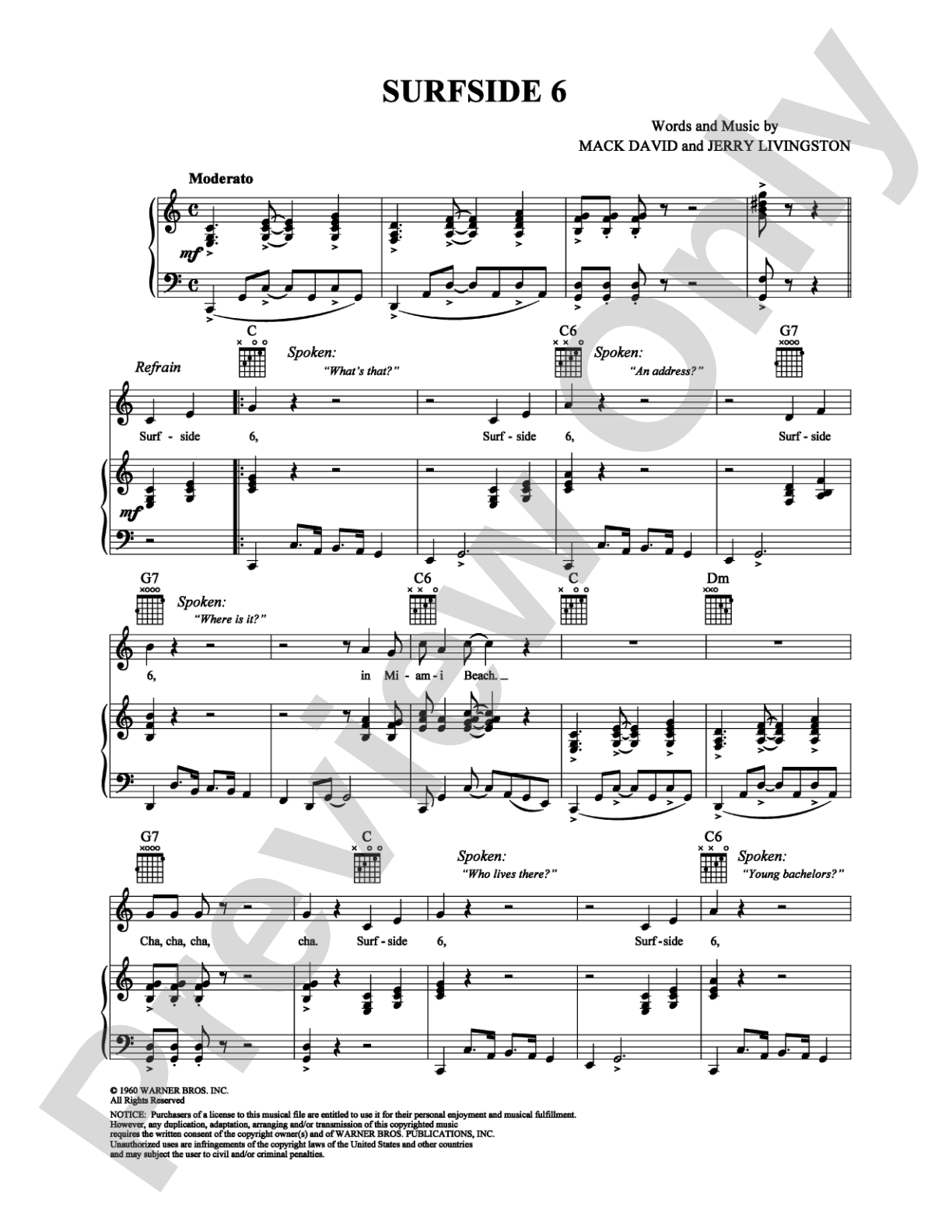 Surfside 6: Piano/Vocal/Chords Digital Sheet Music