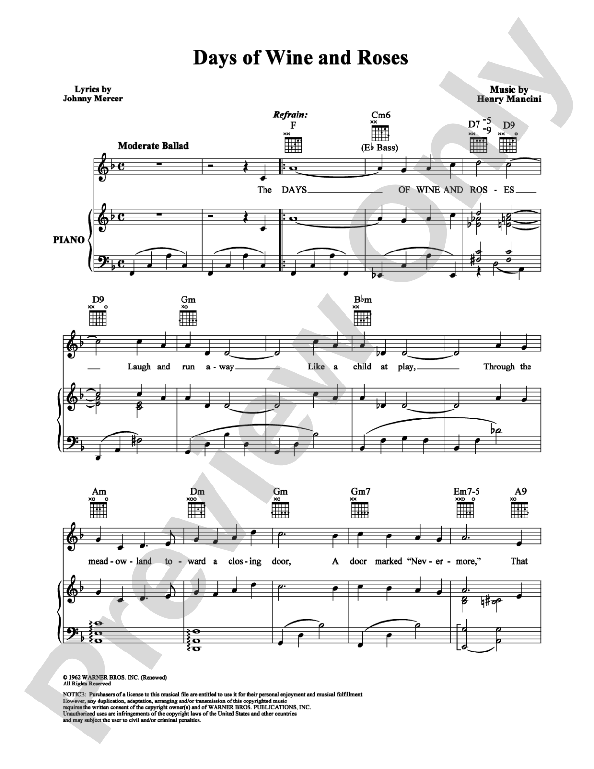 Days of Wine and Roses: Piano/Vocal/Chords Digital Sheet Music