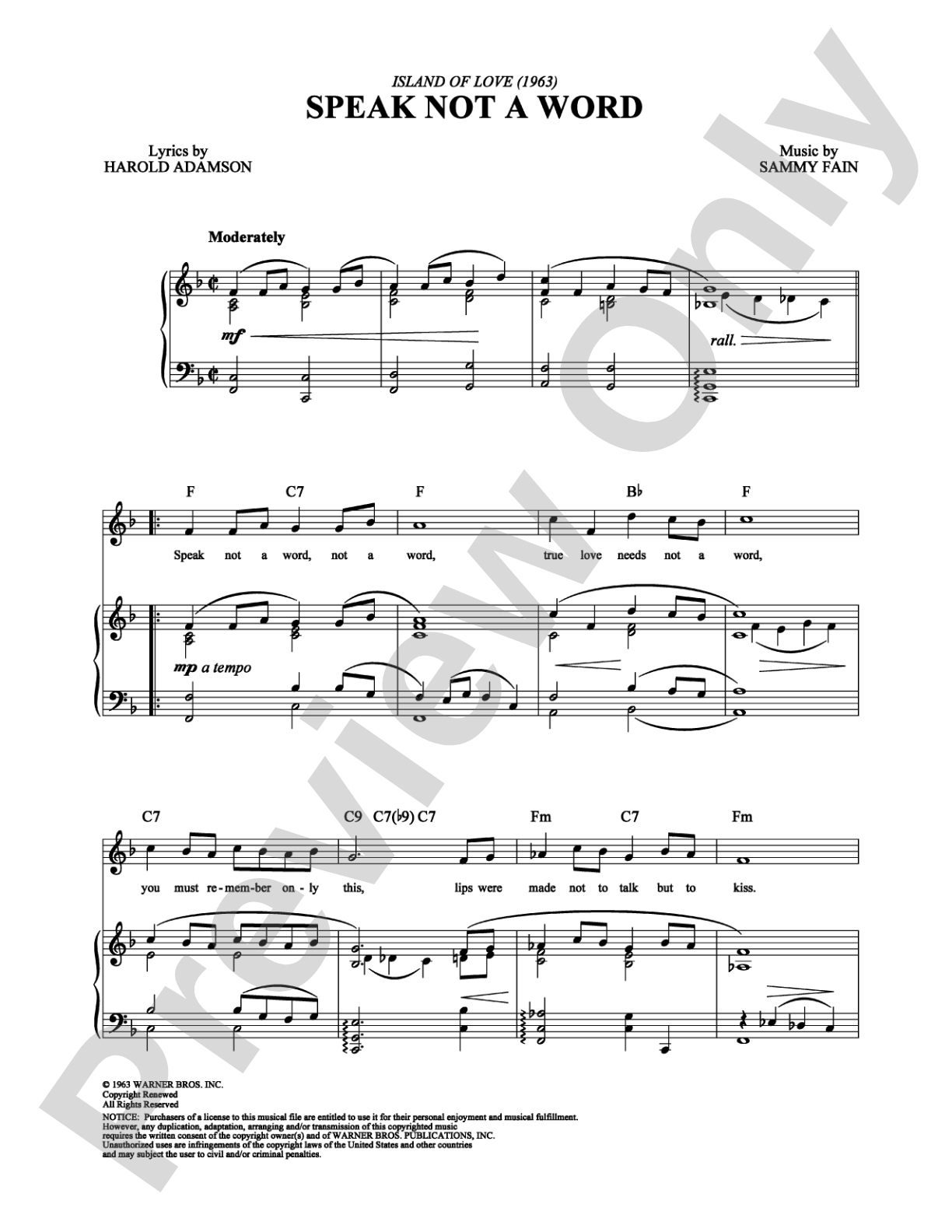 Speak Not a Word: Piano/Vocal/Chords Digital Sheet Music