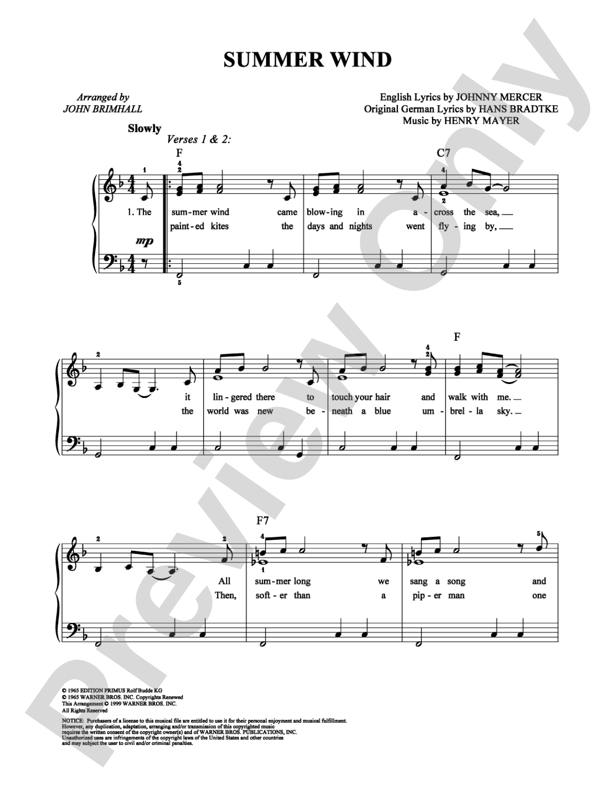 Summer Wind: Easy Piano Digital Sheet Music