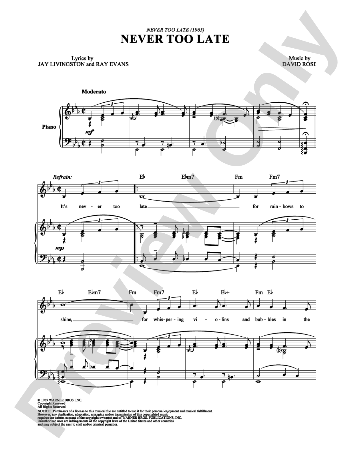 Never Too Late: Piano/Vocal/Chords Digital Sheet Music