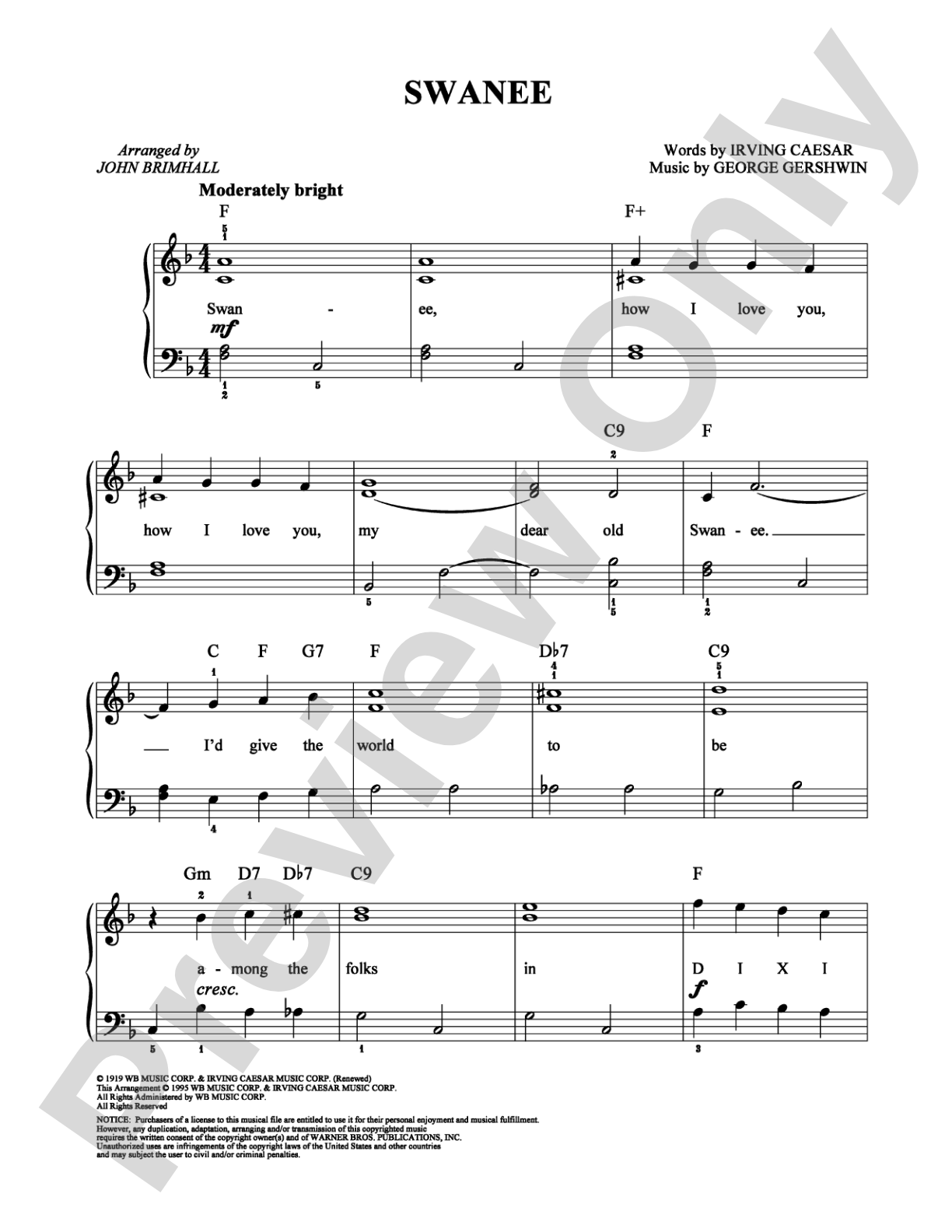 Swanee: Easy Piano Digital Sheet Music
