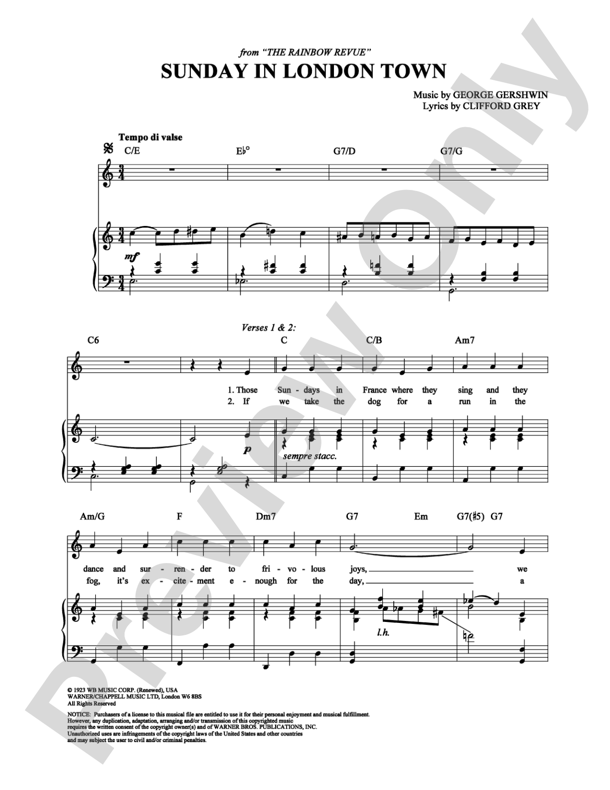 Sunday in London Town: Piano/Vocal/Chords Digital Sheet Music