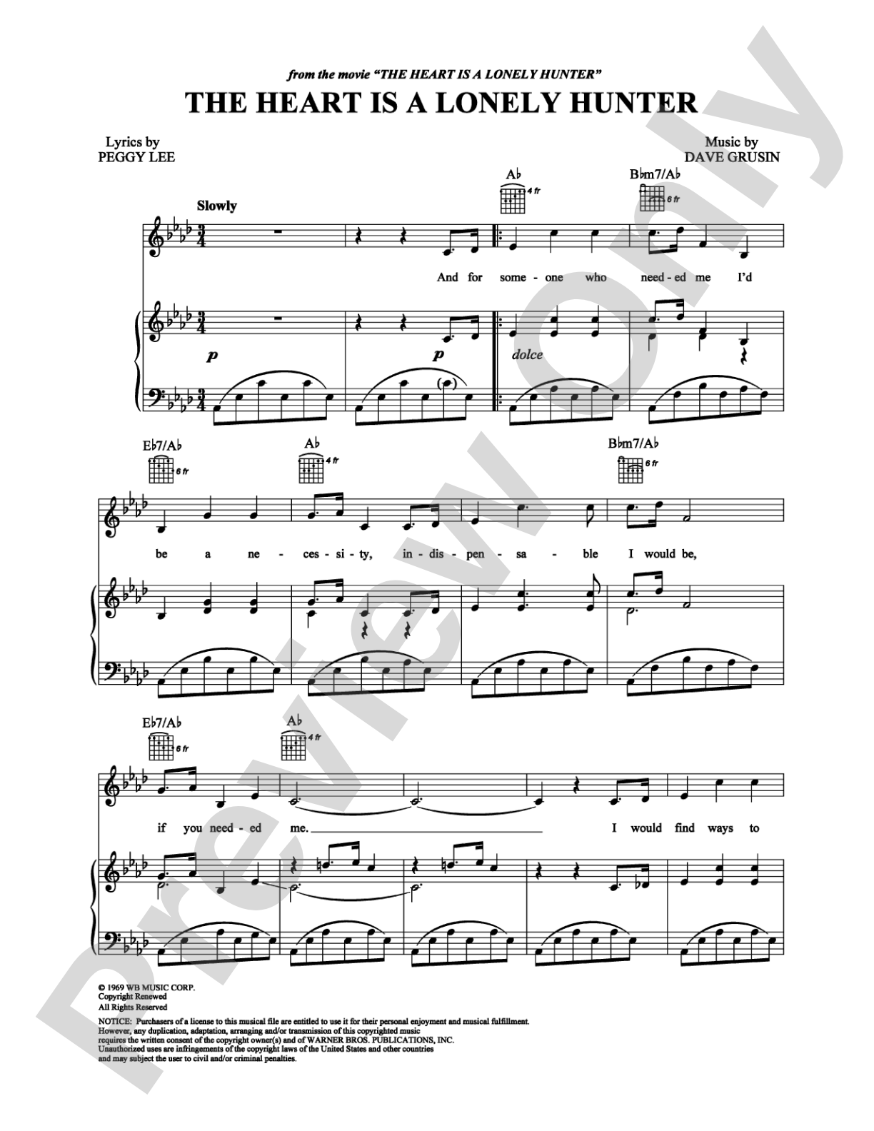 Heart is a Lonely Hunter, The: Piano/Vocal/Chords Digital Sheet Music