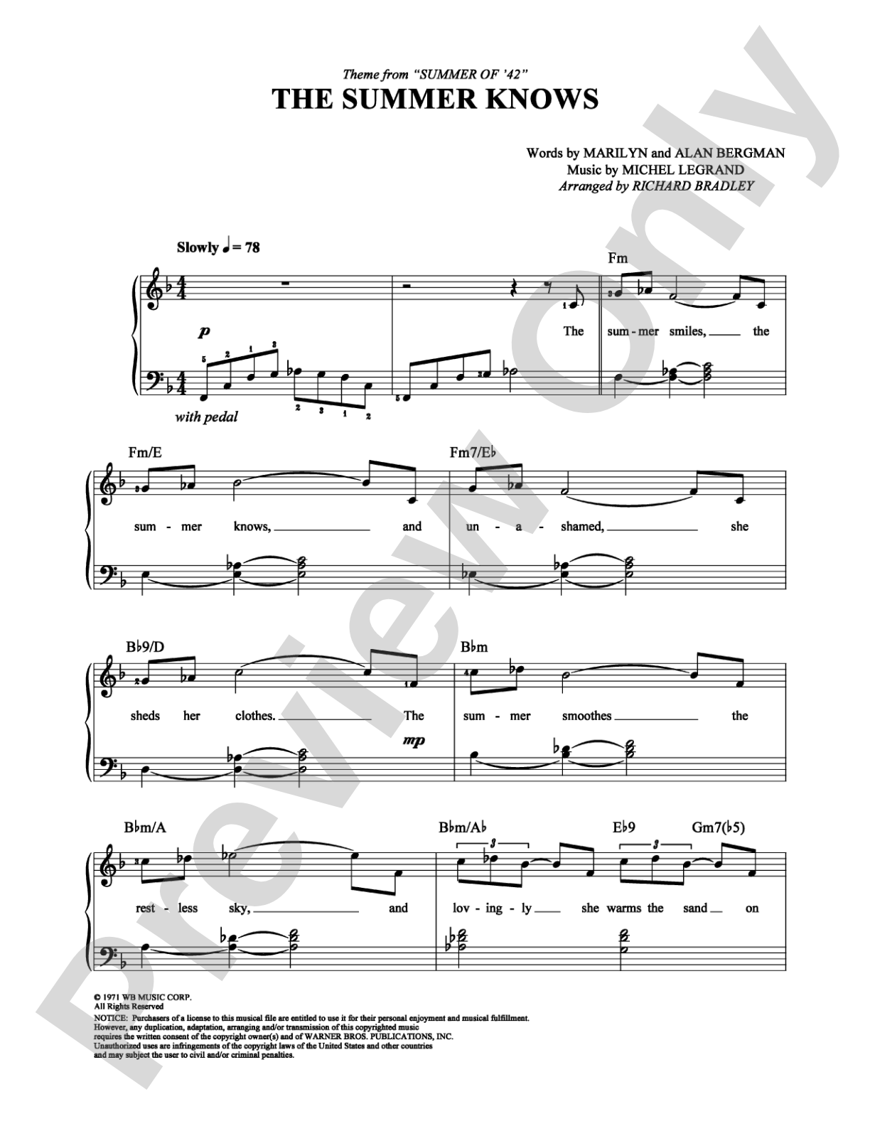 The Summer Knows (Theme from Summer of '42): Easy Piano Digital Sheet Music