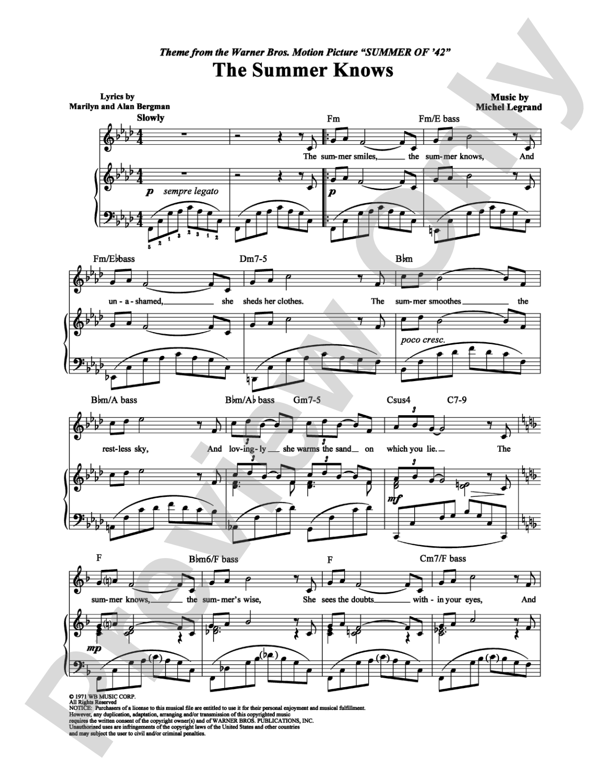 The Summer Knows: Piano/Vocal/Chords Digital Sheet Music