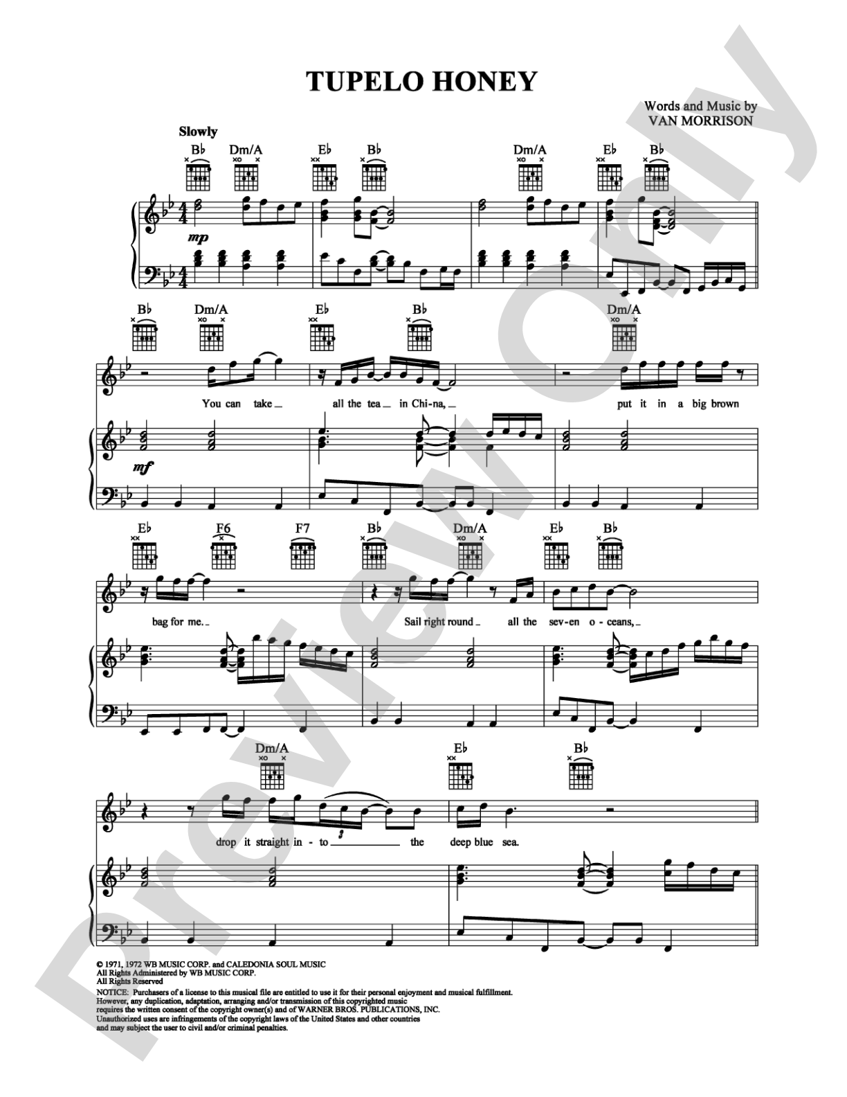 Tupelo Honey: Piano/Vocal/Chords Digital Sheet Music