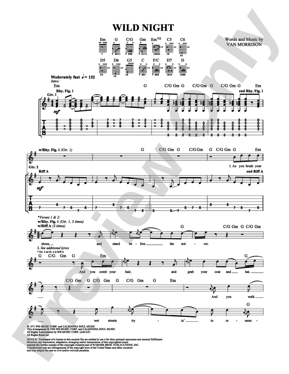 Wild Night: Easy Guitar Digital Sheet Music