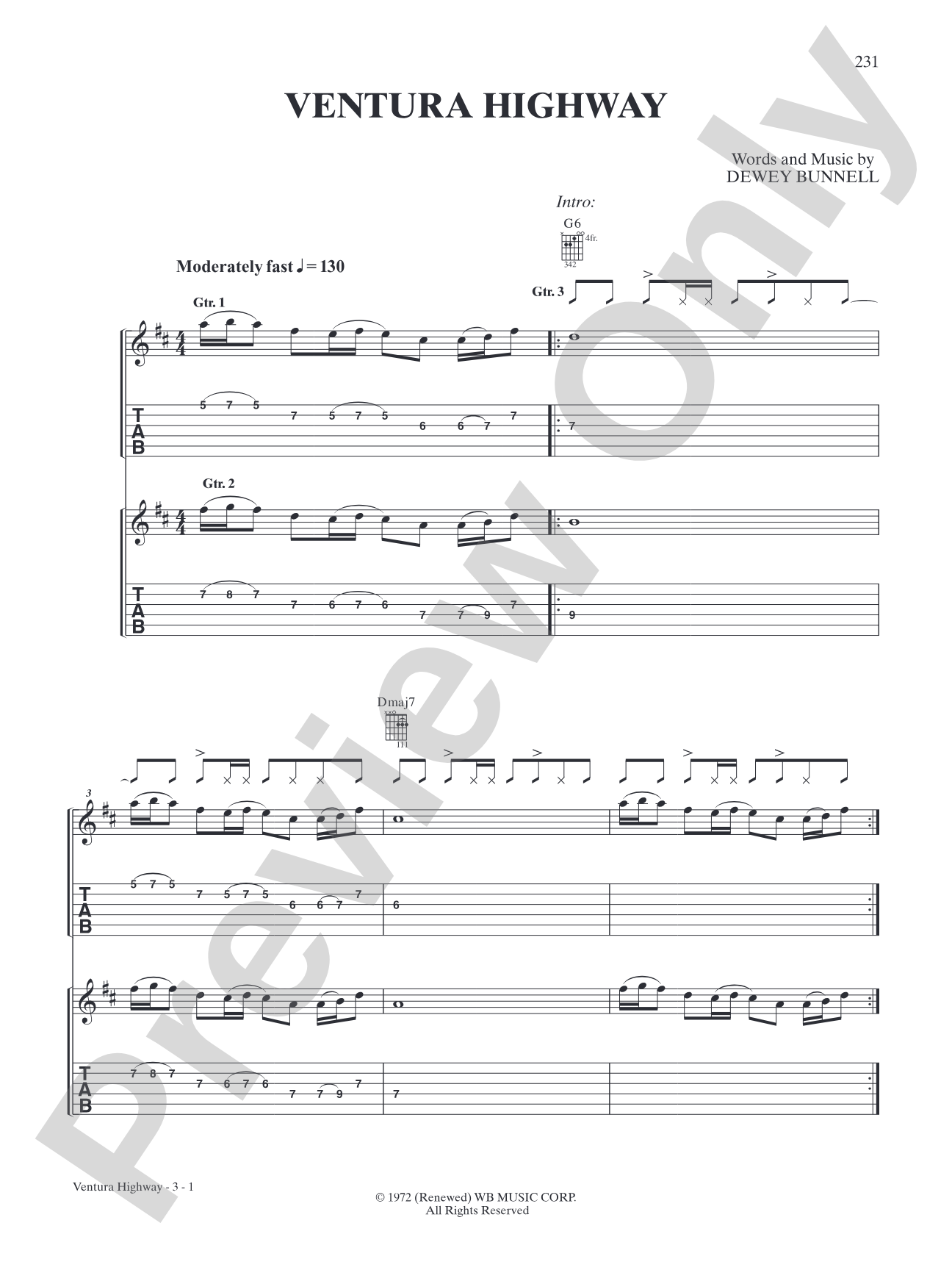 Ventura Highway: Interm./Easy Guitar TAB